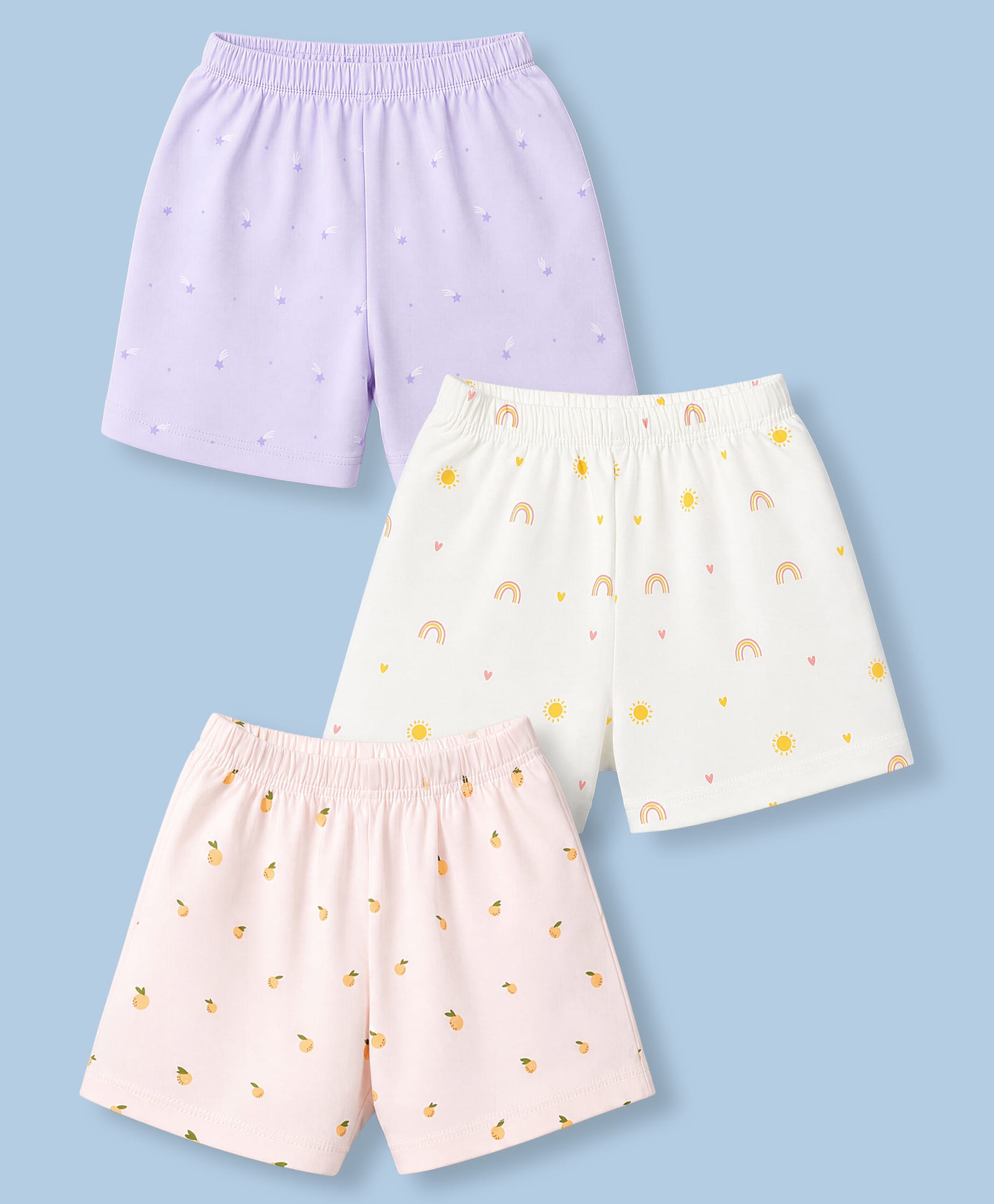 Simply Sinker Knit Knee Length Shorts with Rainbow Orange & Heart Print Pack of 3 - Lilac Pink & Cream-picture-19