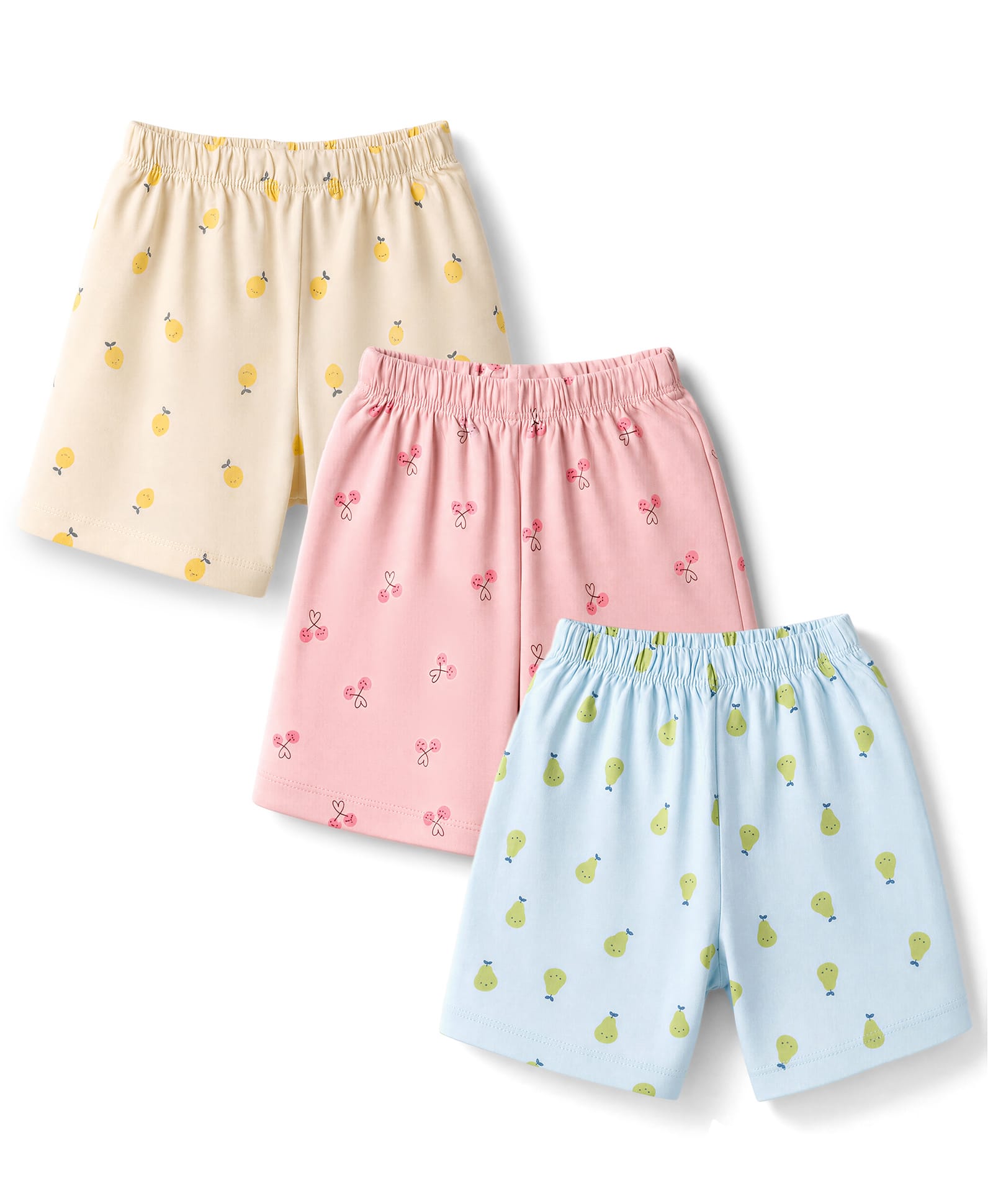 Simply Sinker Knit Knee Length Shorts with Fruits & Heart Print Pack of 3 - Light Blue Pink & Cream-image-29