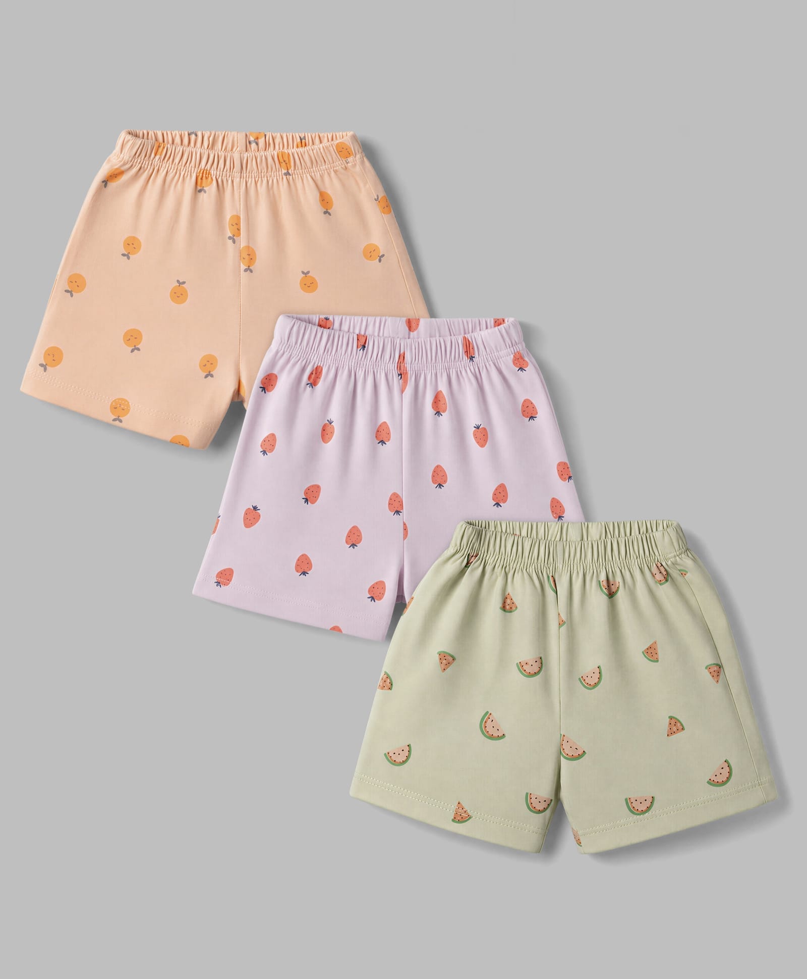Simply Sinker Knit Knee Length Shorts with Fruits Print Pack of 3 - Peach Lilac & Olive-image-47