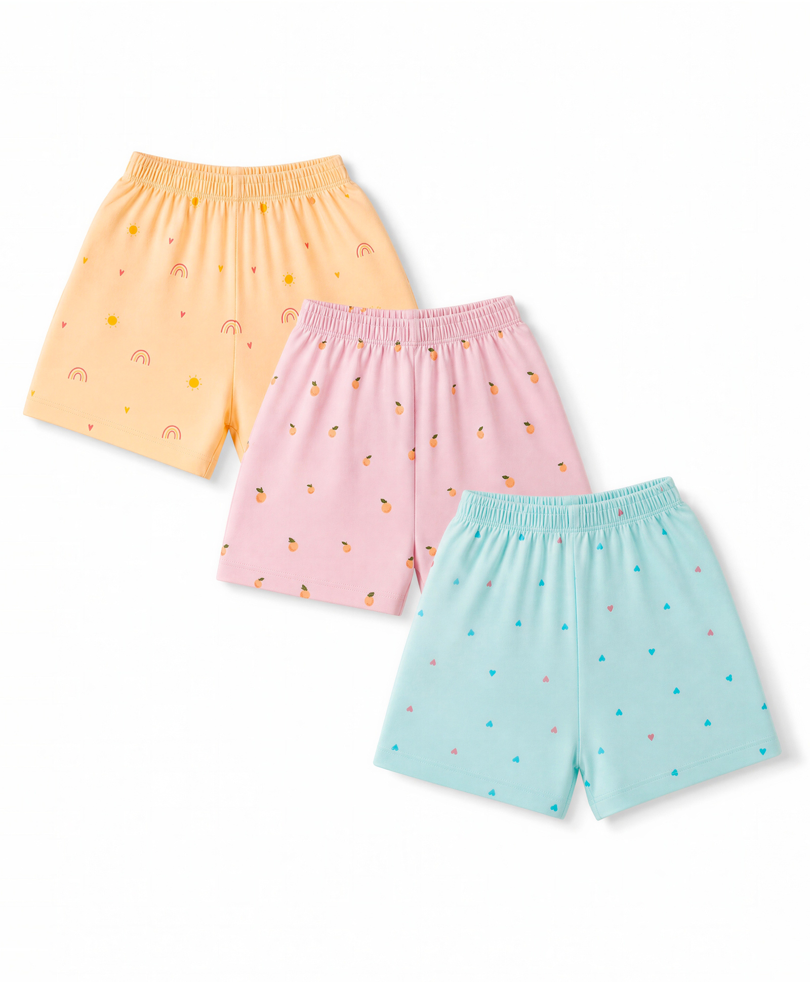 Simply Sinker Knit Knee Length Shorts with Rainbow Fruits & Heart Print Pack of 3 - Pink Aqua & Light Orange-image-31