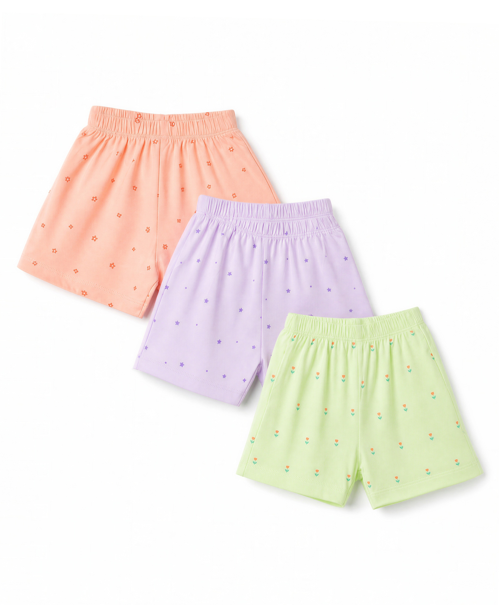 Simply Sinker Knit Knee Length Shorts with Star & Floral Print Pack of 3 - Orange Mint & Lilac-picture-17