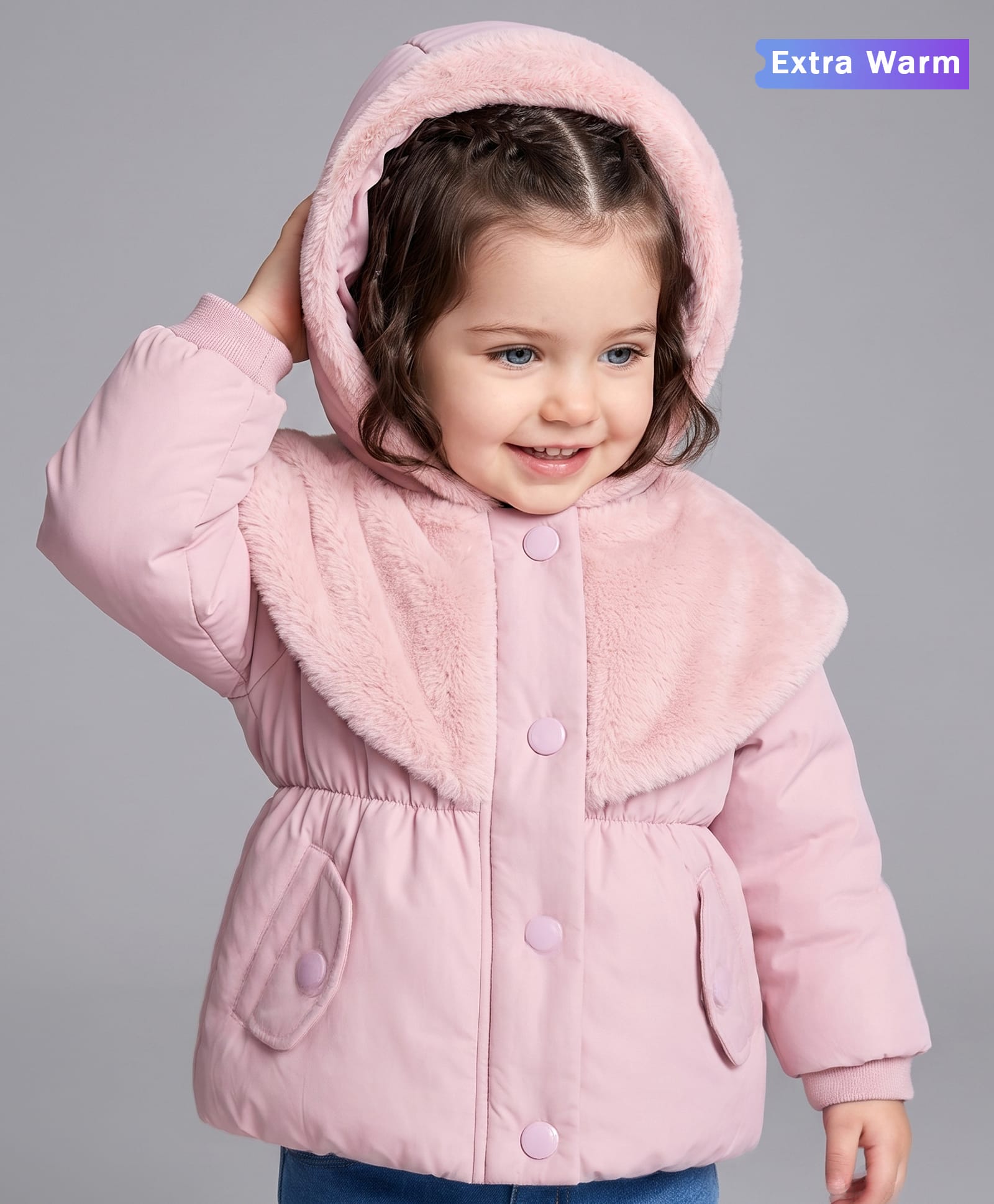 Babyoye Woven Full Sleeves Solid Colour Hooded Padded Jacket with Taffeta Inner Lining- Pink-picture-34