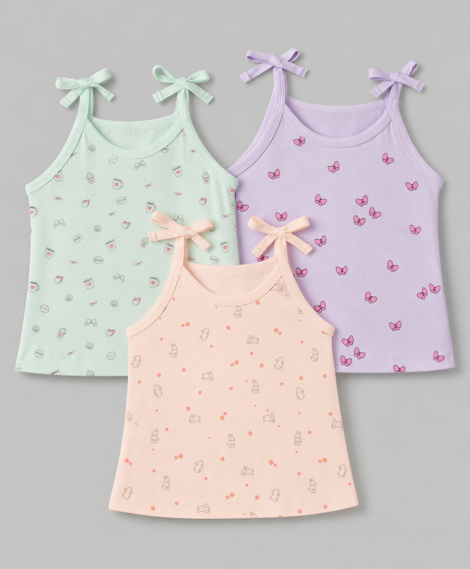Simply Sinker Knit Sleeveless Slips With Rabbit & Butterfly Print Pack of 3 - Peach, Lavender & Light Green-image-10