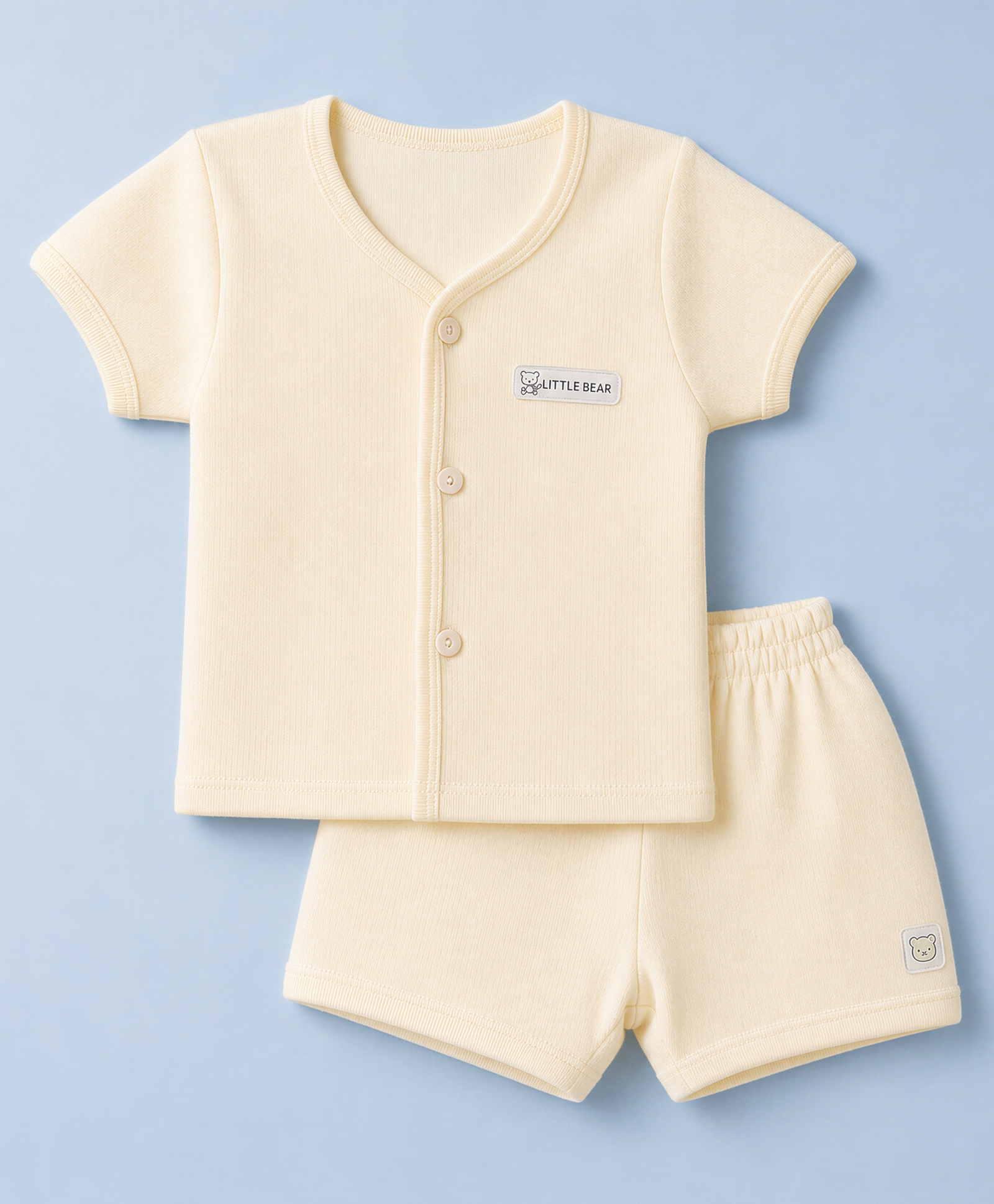 Simply Interlock Knit Half Sleeves T-Shirt & Shorts Night Suit with Bear Patch - Cream-image-43