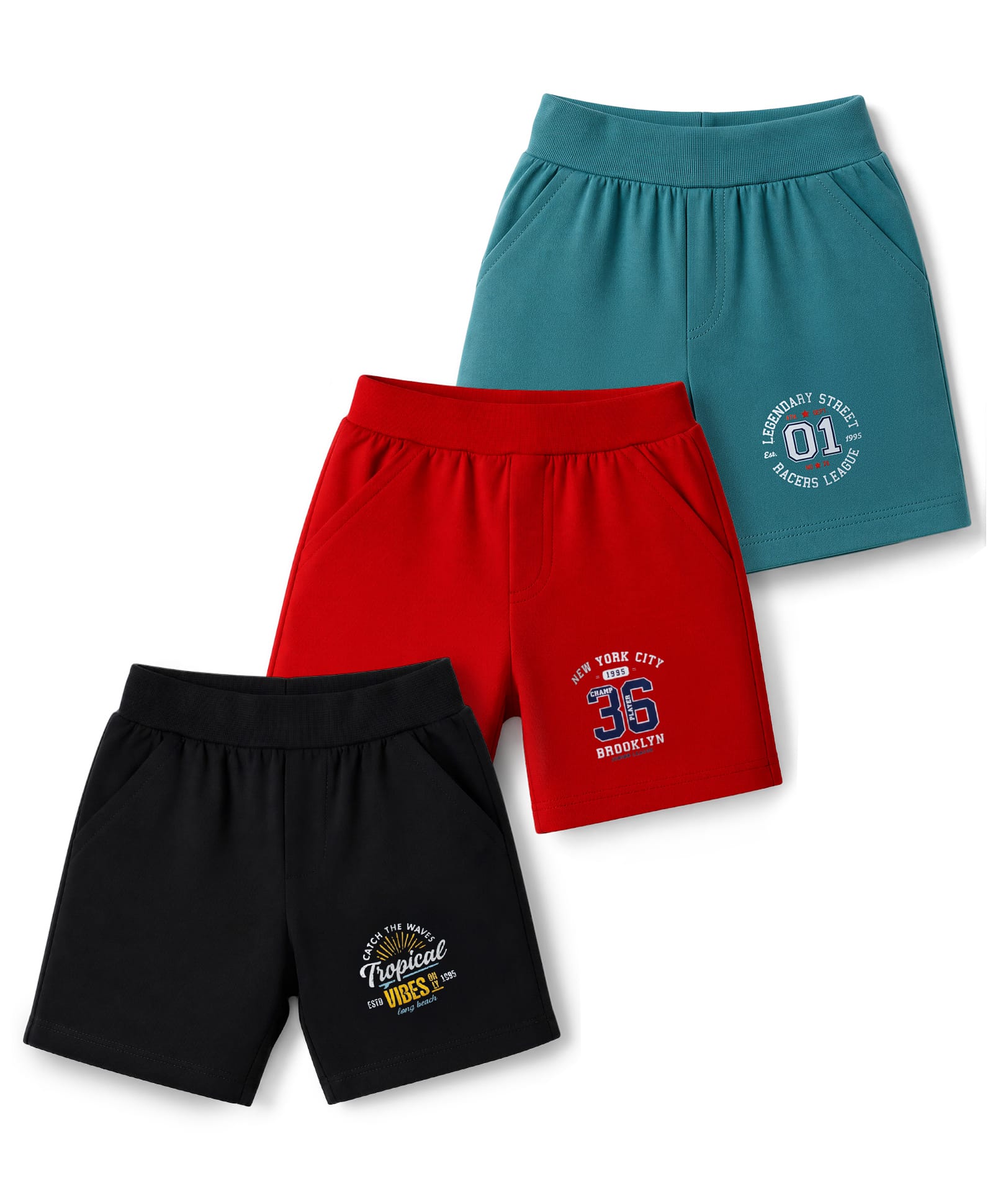 Simply Sinker Knit Knee Length Shorts with Text & Number Print Pack of 3 - Red Teal Blue & Black-image-41