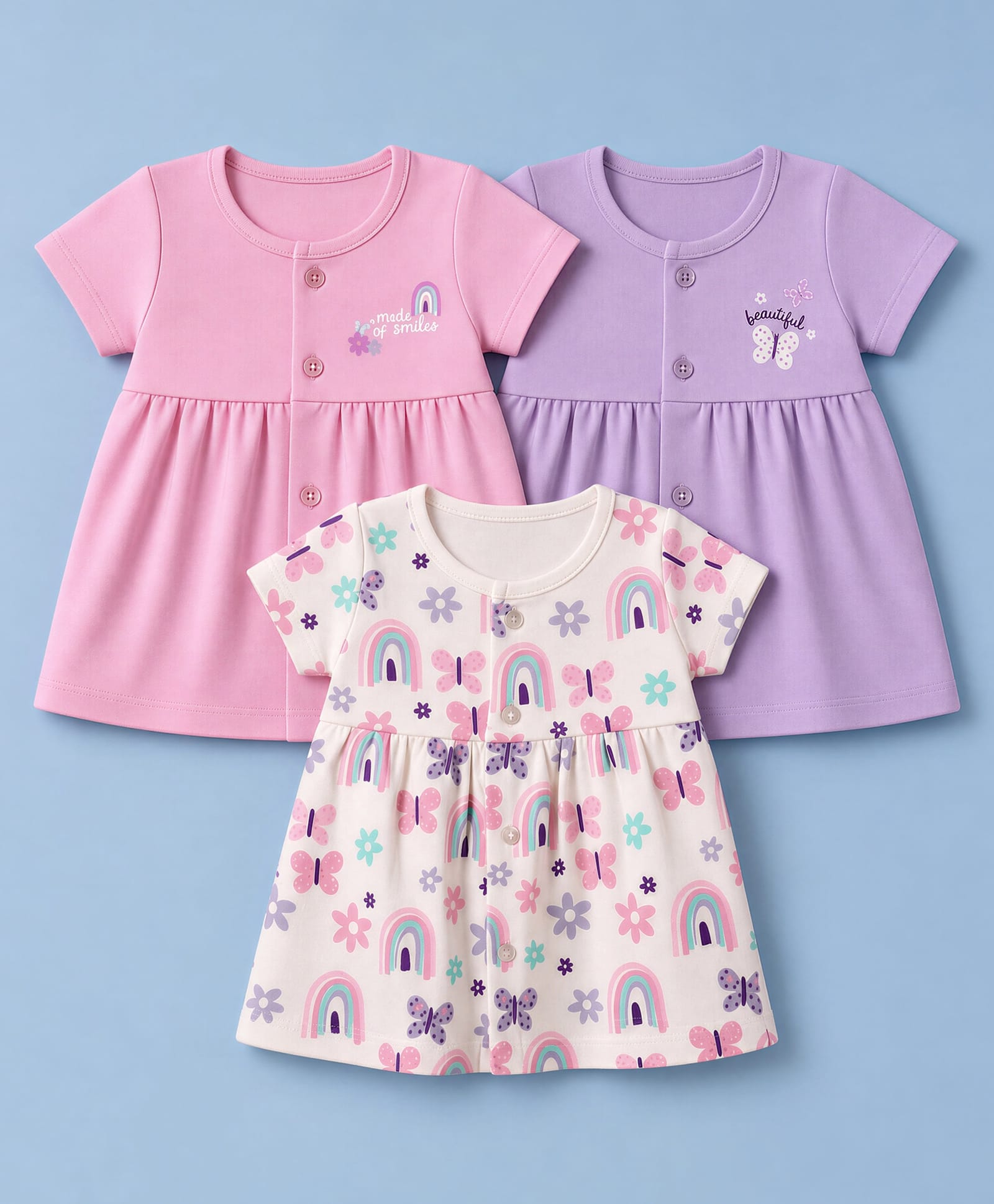 Simply Interlock Knit Half Sleeves One Piece Dresses with Rainbow & Butterfly Print Pack Of 3 - Pink, Lilac & White-image-23