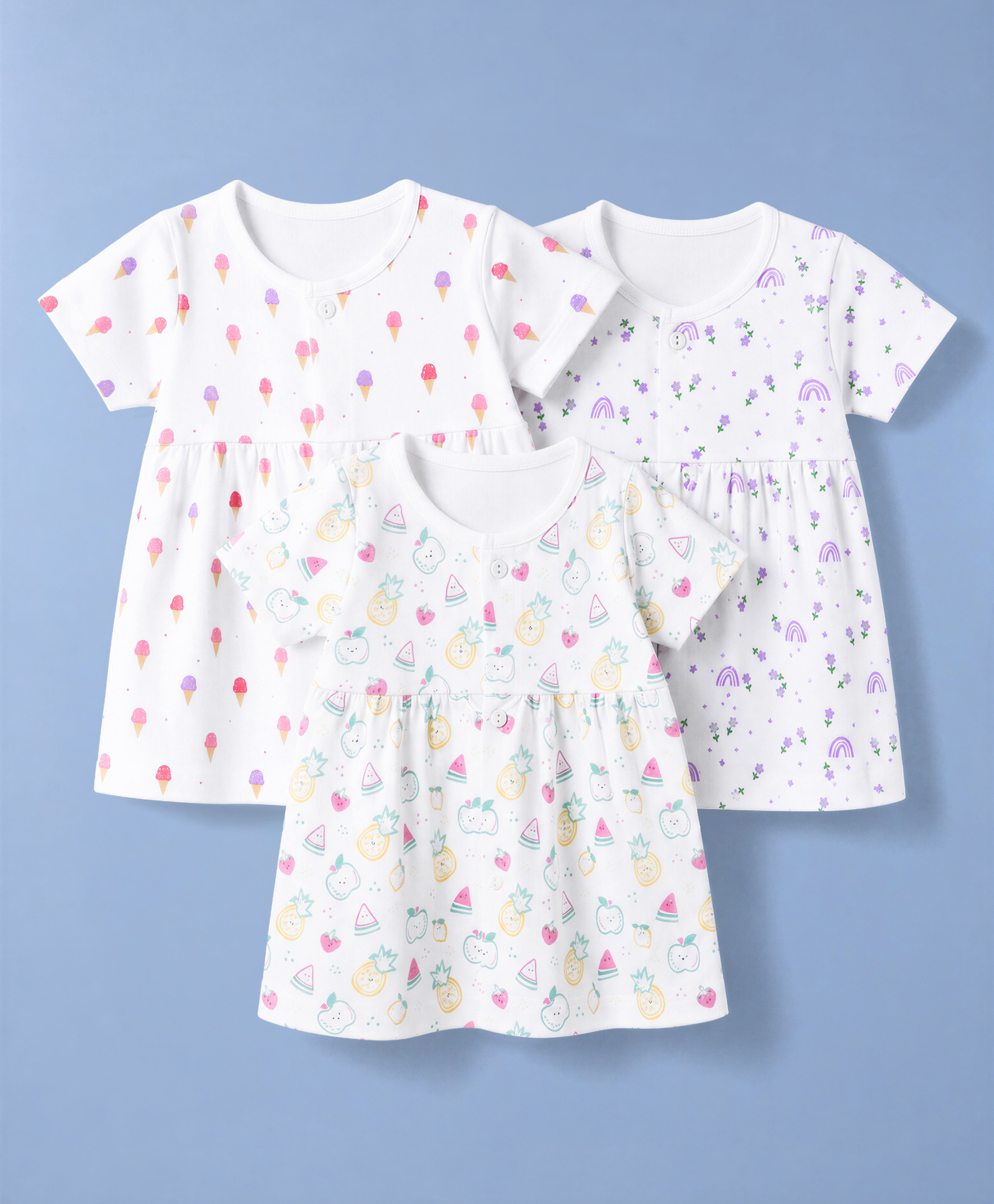 Simply Interlock Knit One Piece Dresses with Half Sleeves and Fruit Print Pack Of 3 - White-picture-27