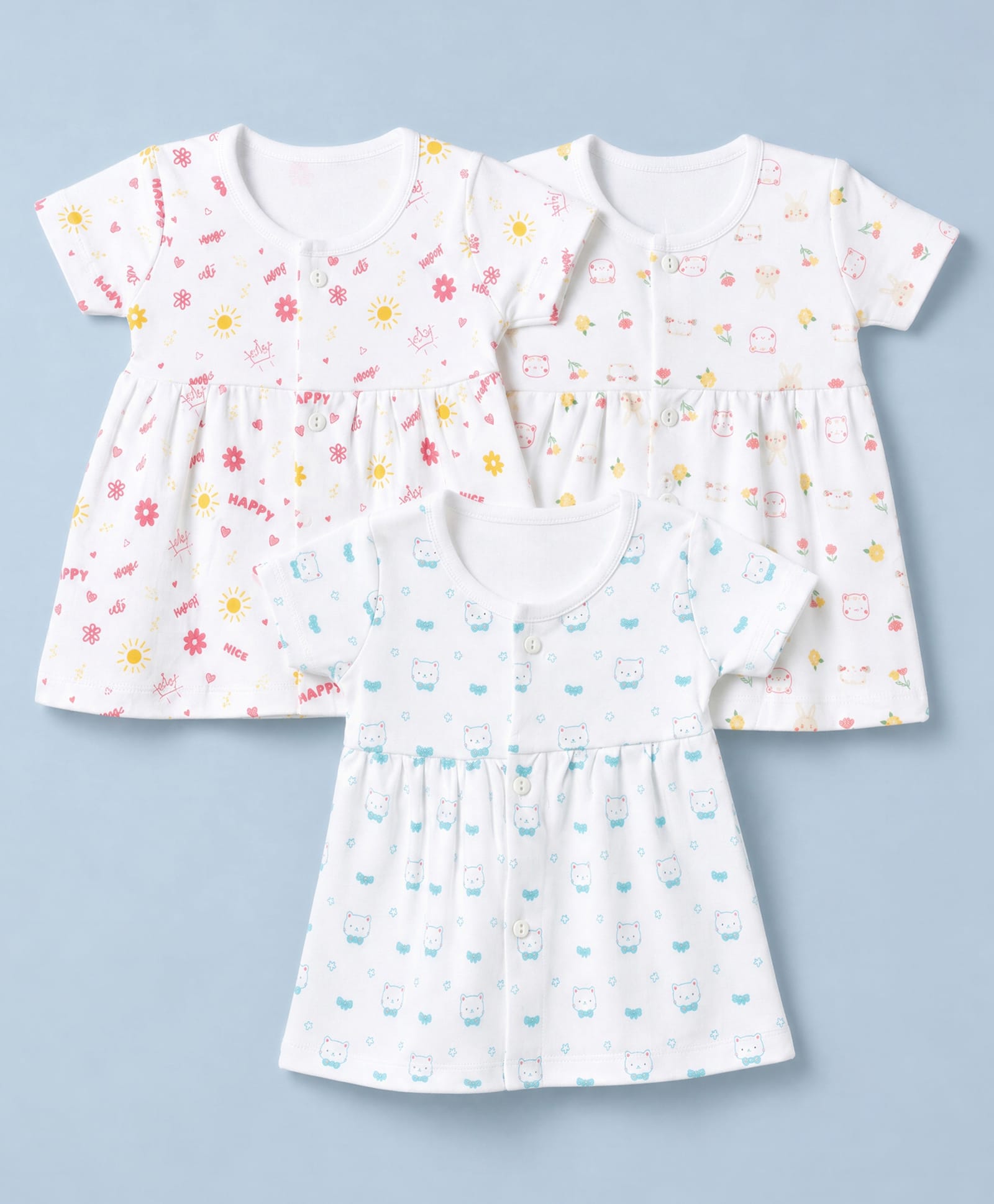 Simply Interlock Knit Half Sleeves One Piece Dress With Teddy Bear & Floral Print Pack of 3 - White-picture-11