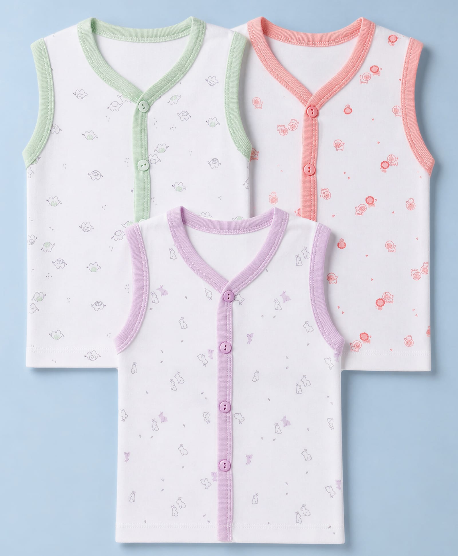 Simply Sinker Knit Sleeveless Jhablas with Elephant & Bunny Print Pack of 3 - White-picture-24