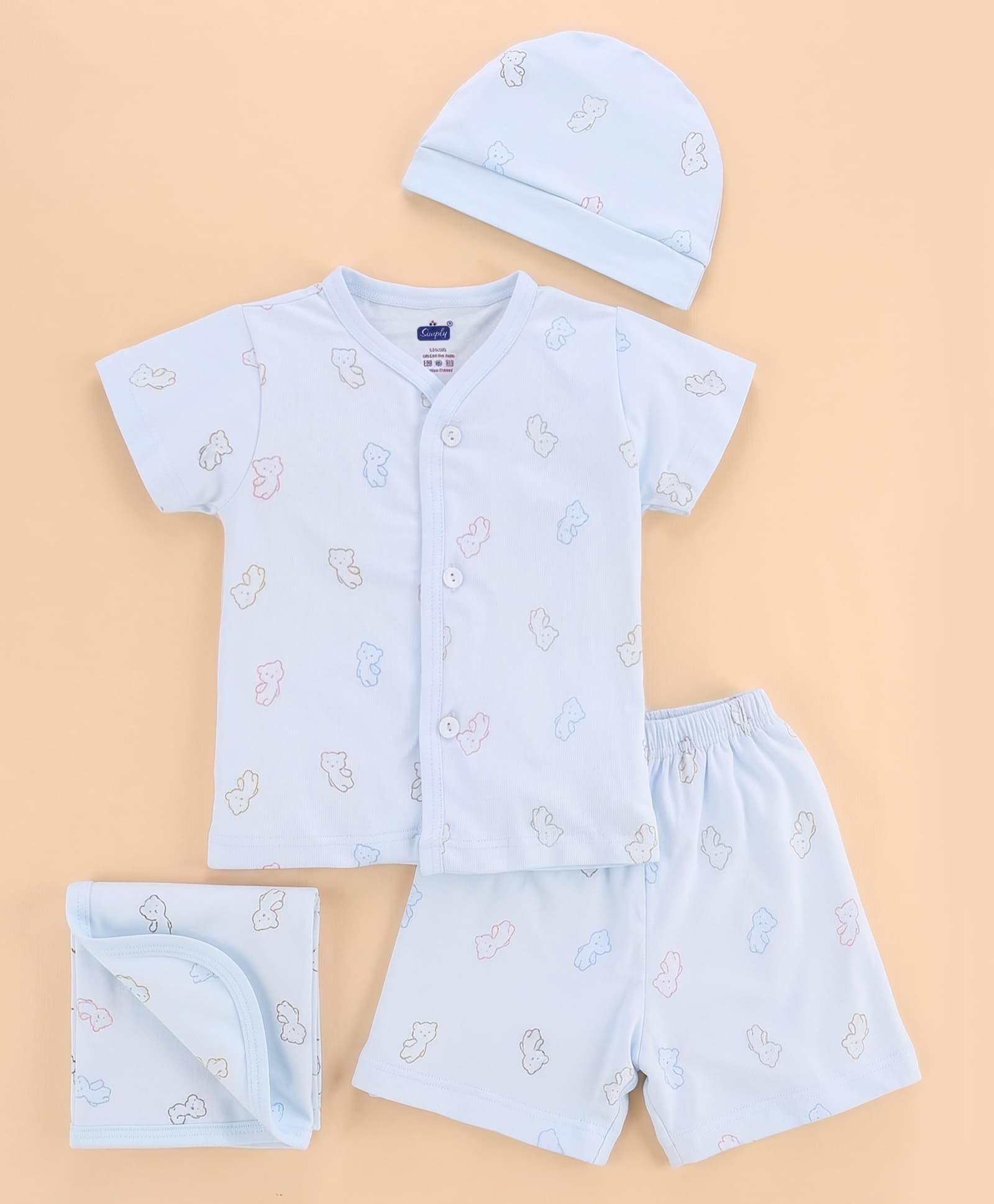Simply Sinker Knit Half sleeves Teddy Bear Printed T-Shirt & Shorts Co-ords Night Suit With Cap - Light Blue-picture-38