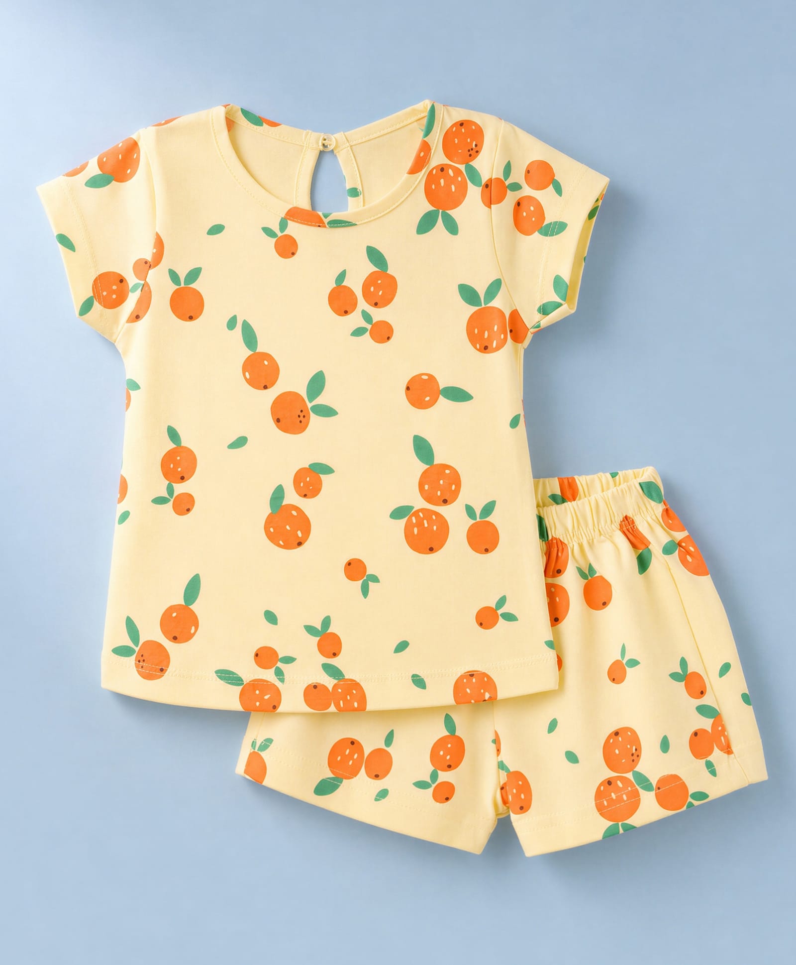 Simply Sinker Knit Half Sleeves Orange Printed T-Shirt & Shorts Co-Ords Set - Lemon-image-1