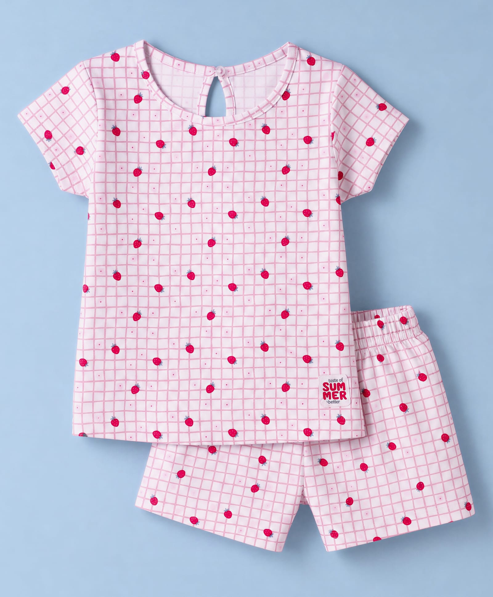Simply Sinker Knit Half Sleeves Checkered & Strawberry Printed T-Shirt & Shorts Co-Ords Set - White-image-19