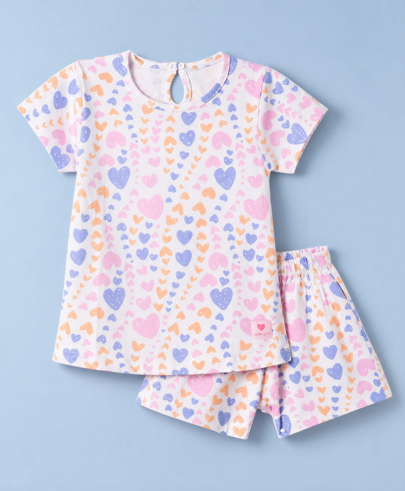 Simply Sinker Knit Half Sleeves Heart Printed T-Shirt & Shorts Co-Ords Set - White-picture-28
