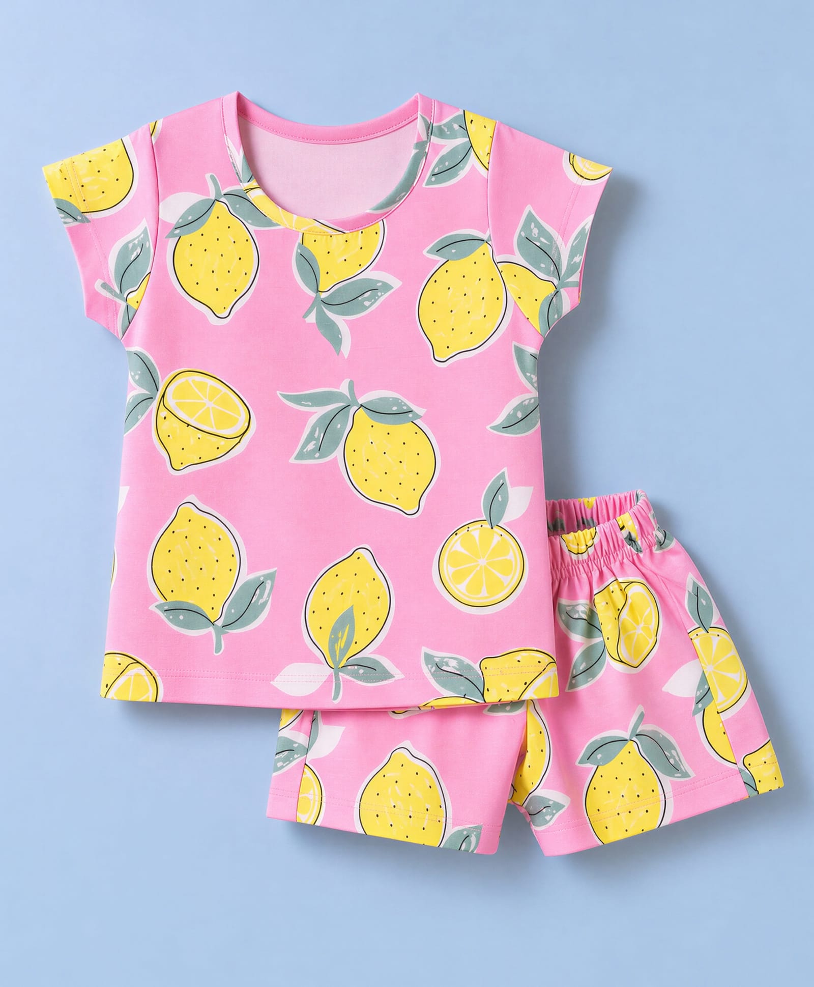 Simply Sinker Knit Half Sleeves Lemon Printed T-Shirt & Shorts Co-Ords Set - Lemon-image-29