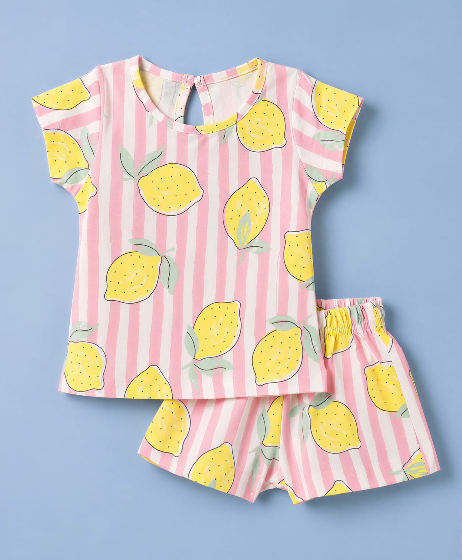 Simply Sinker Knit Half Sleeves Striped & Lemon Printed T-Shirt & Shorts Co-Ords Set - Pink-image-30