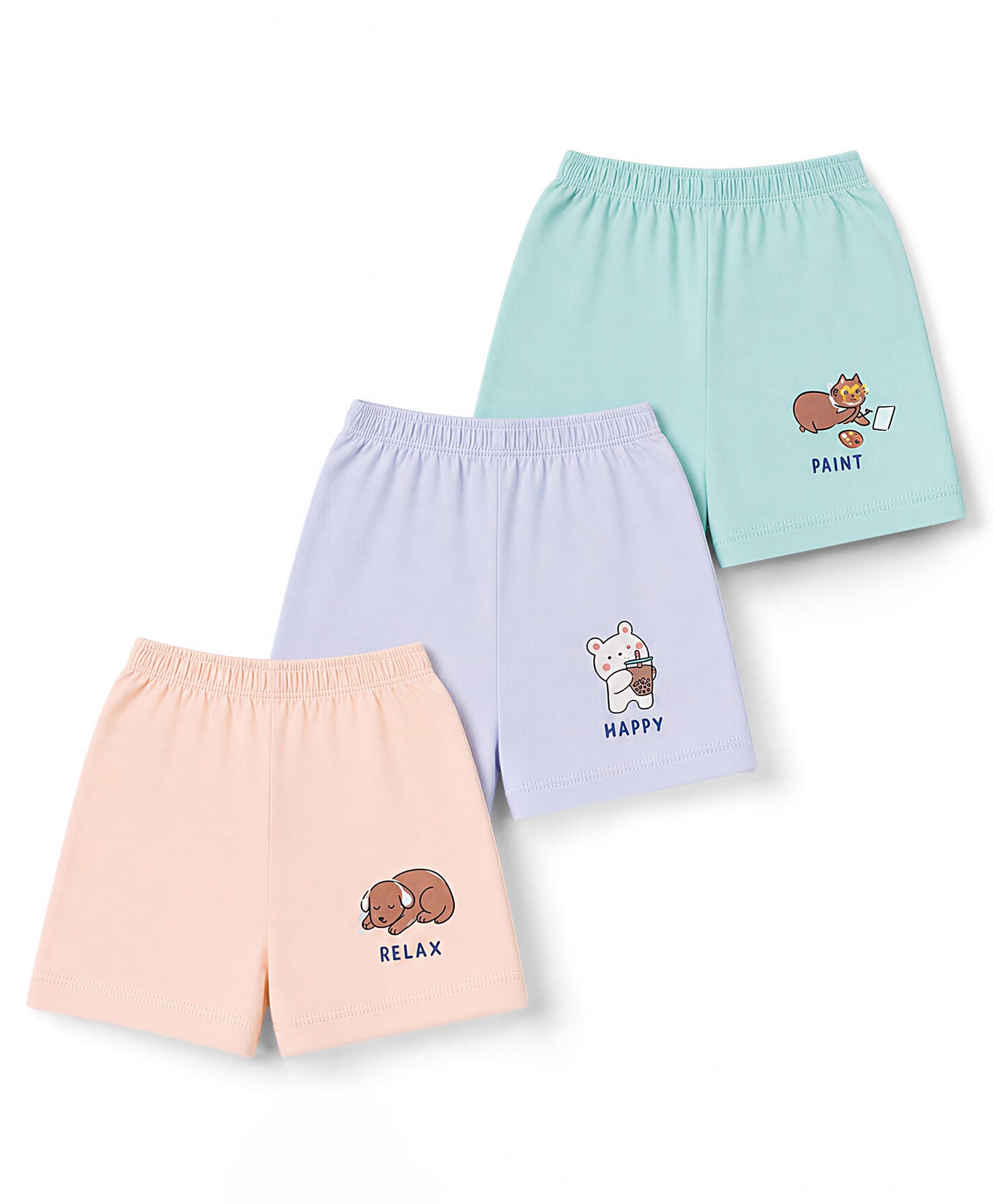 Simply Sinker Knit Knee Length Shorts with Puppy Bear & Kitty Print Pack of 3 - Peach Teal & Lavender-image-44