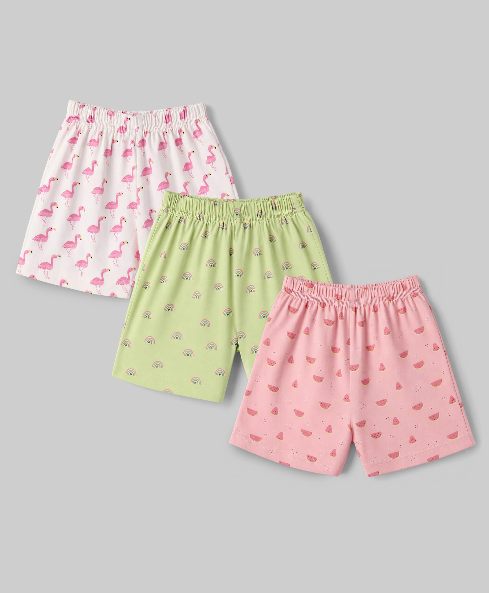 Simply Sinker Knit Knee Length Shorts with Flamingo Fruits & Rainbow Print Pack of 3 - Pink Green & White-image-21