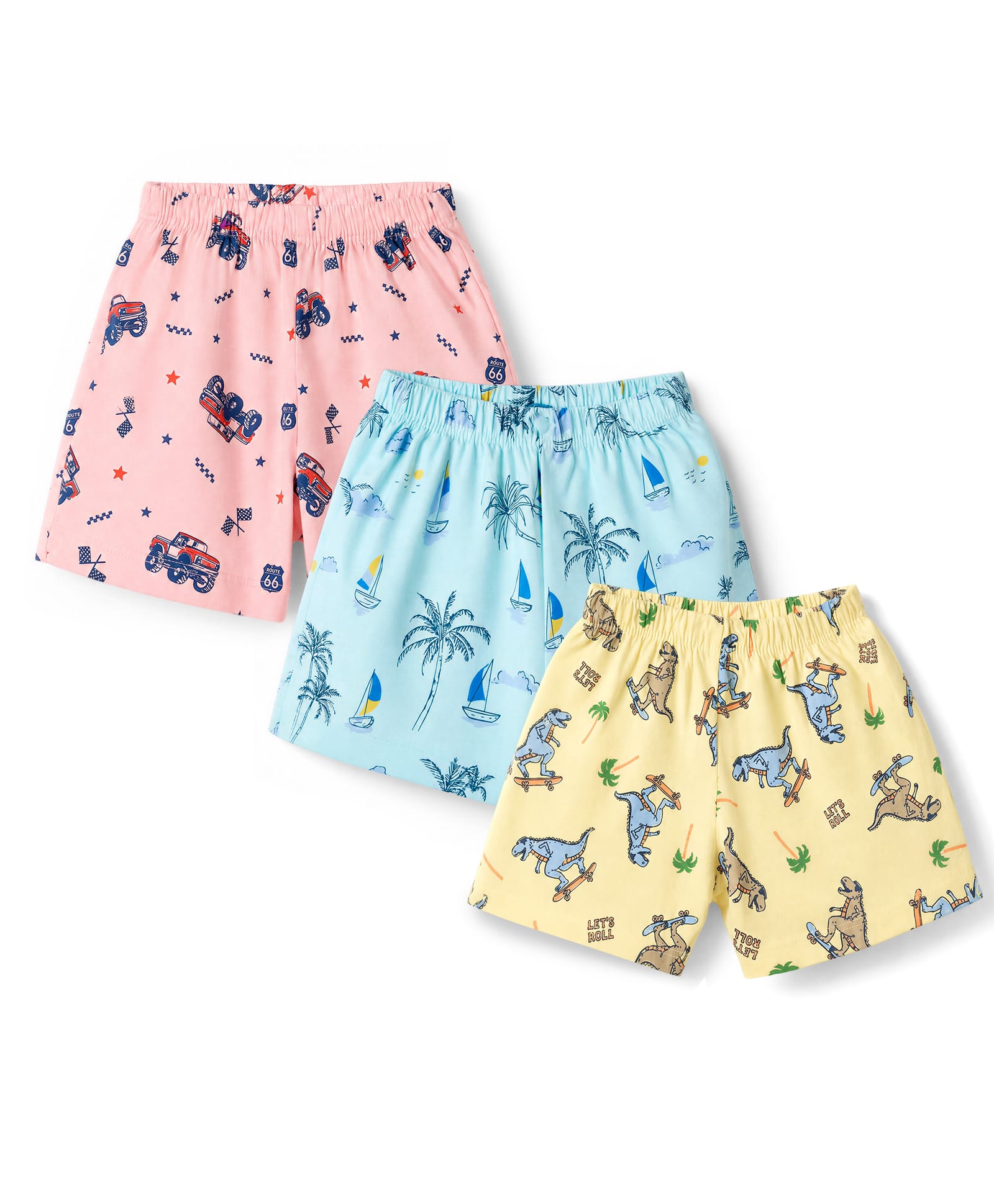 Simply Sinker Knit Knee Length Shorts With Vehicle, Tropical & Dino Print Pack Of 3 - Aqua Blue , Yellow & Light Pink-picture-15