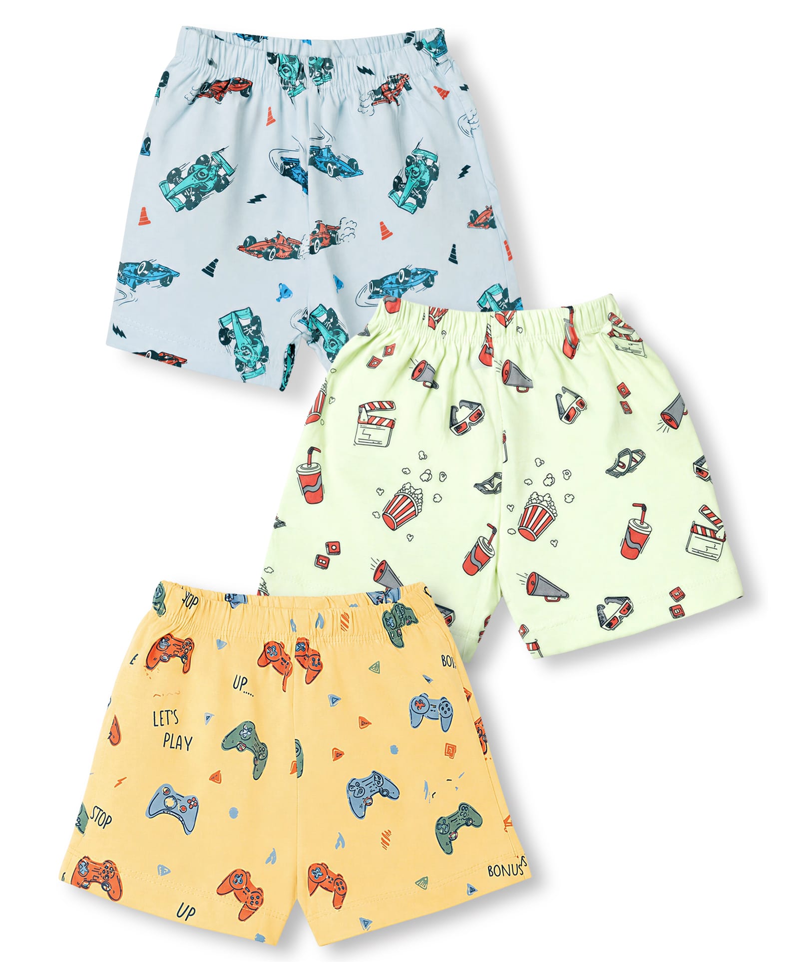 Simply Sinker Knit Knee Length Shorts with Car & Game Controller Print Pack of 3 - Mint Blue & Yellow-image-38