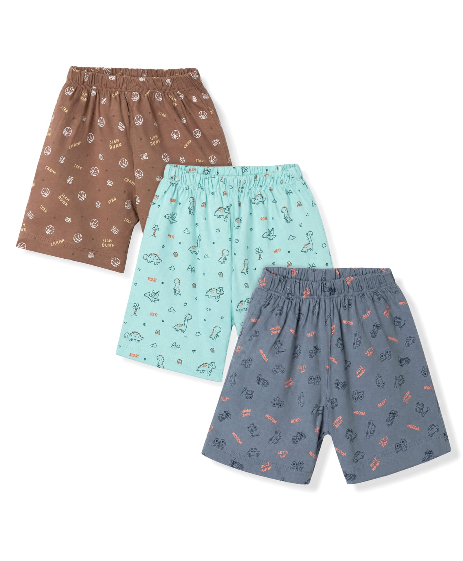 Simply Sinker Knit Knee Length Shorts with Dino & JCB Print Pack of 3 - Aqua Brown & Blue-picture-11