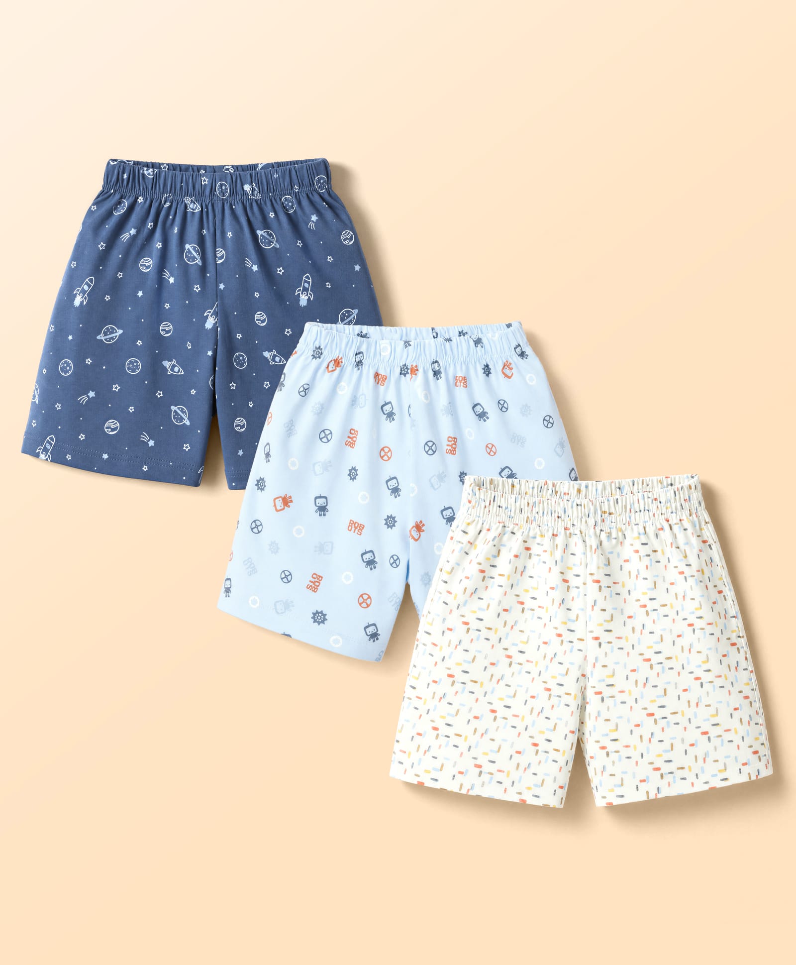 Simply Sinker Knit Knee Length Shorts with Space Theme Print Pack of 3 - Cream Navy & Light Blue-picture-10