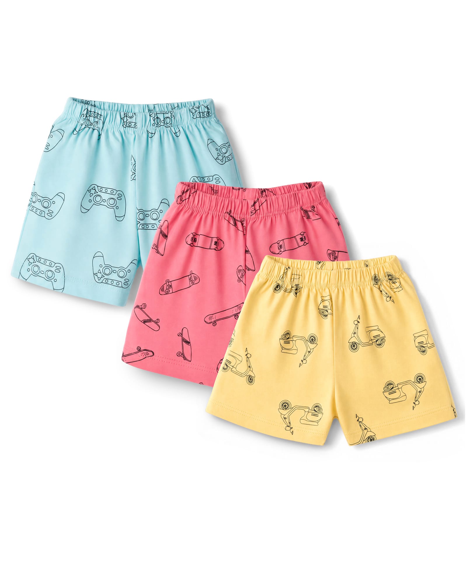 Simply Sinker Knit Knee Length Shorts With Video Game, Roller Skate & Scooter Print Pack Of 3 - Aqua Blue , Light Yellow & Light Pink-picture-14