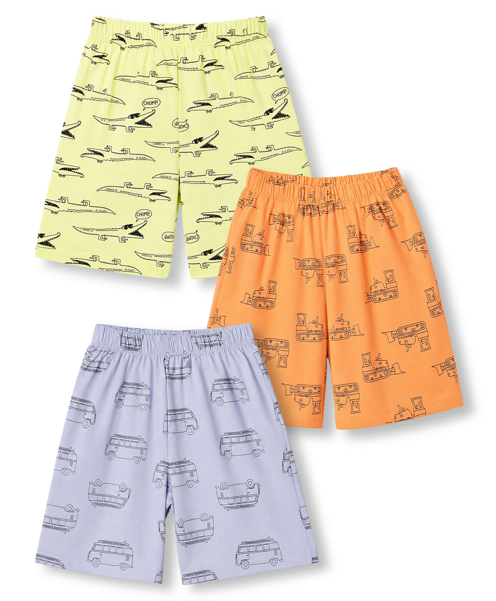 Simply Sinker Knit Knee Length Shorts with Crocodile & Car Print Pack of 3 - Peach Lime & Blue-image-6