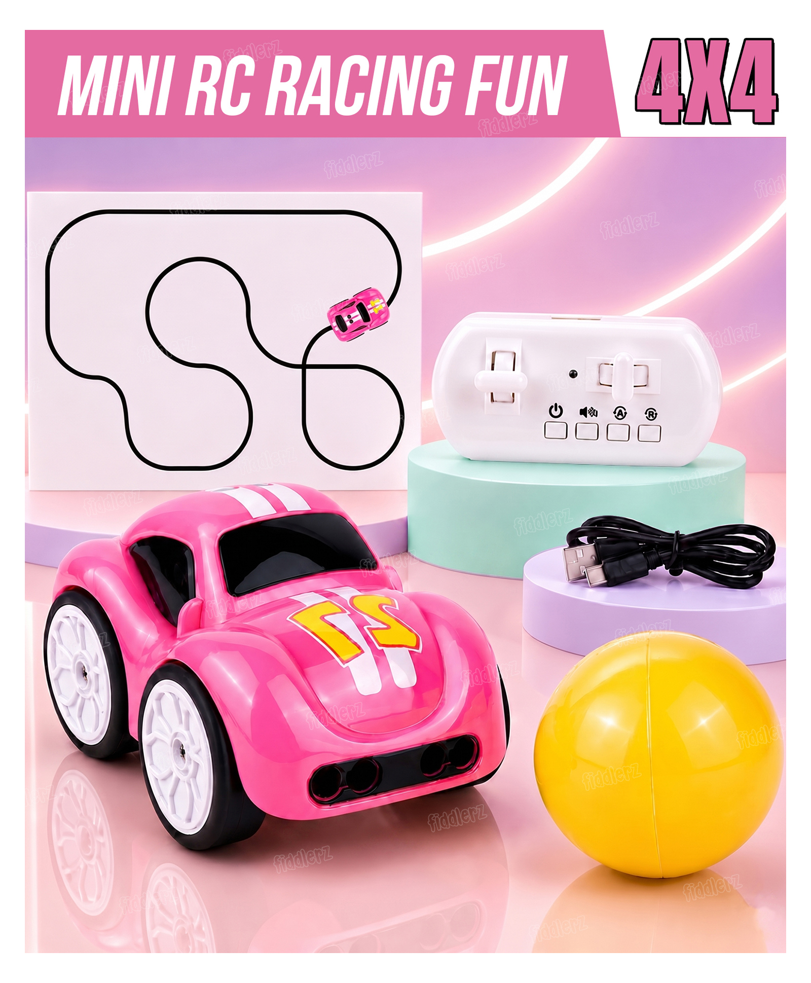 Fiddlerz Remote Control Car for Kids | Drift Car | 2.4GHz RC Drift Car with Sound & Music | Type-C Charging | Follow Mode | Escape Mode | Rechargeable Toy for Boys & Girl - Pink-picture-29