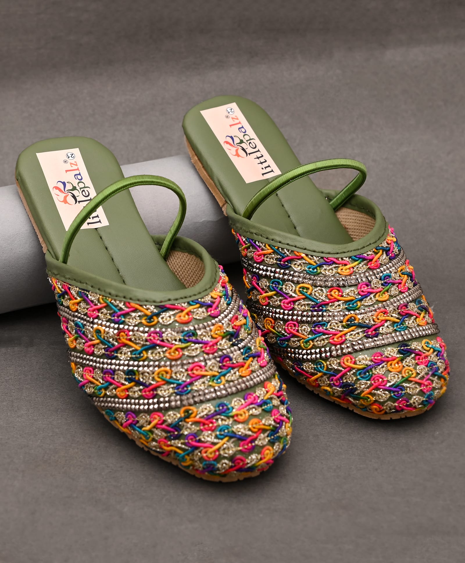 Little Palz Stone Embellished Shimmer Threadwork Detailed Sandals - Green & Multi Colour-picture-16