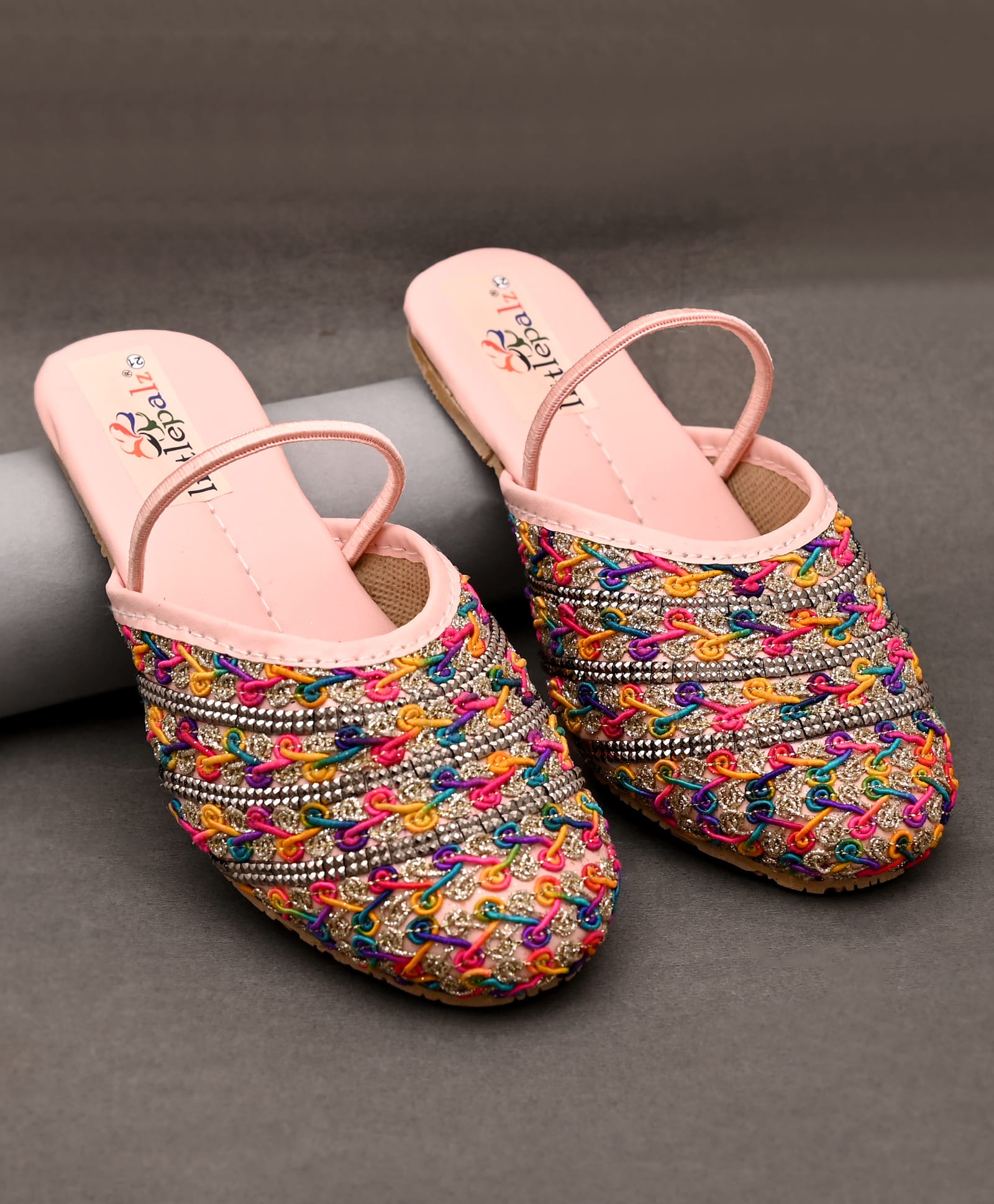 Little Palz Stone Embellished Shimmer Threadwork Detailed Sandals - Light Pink & Multi Colour-image-8