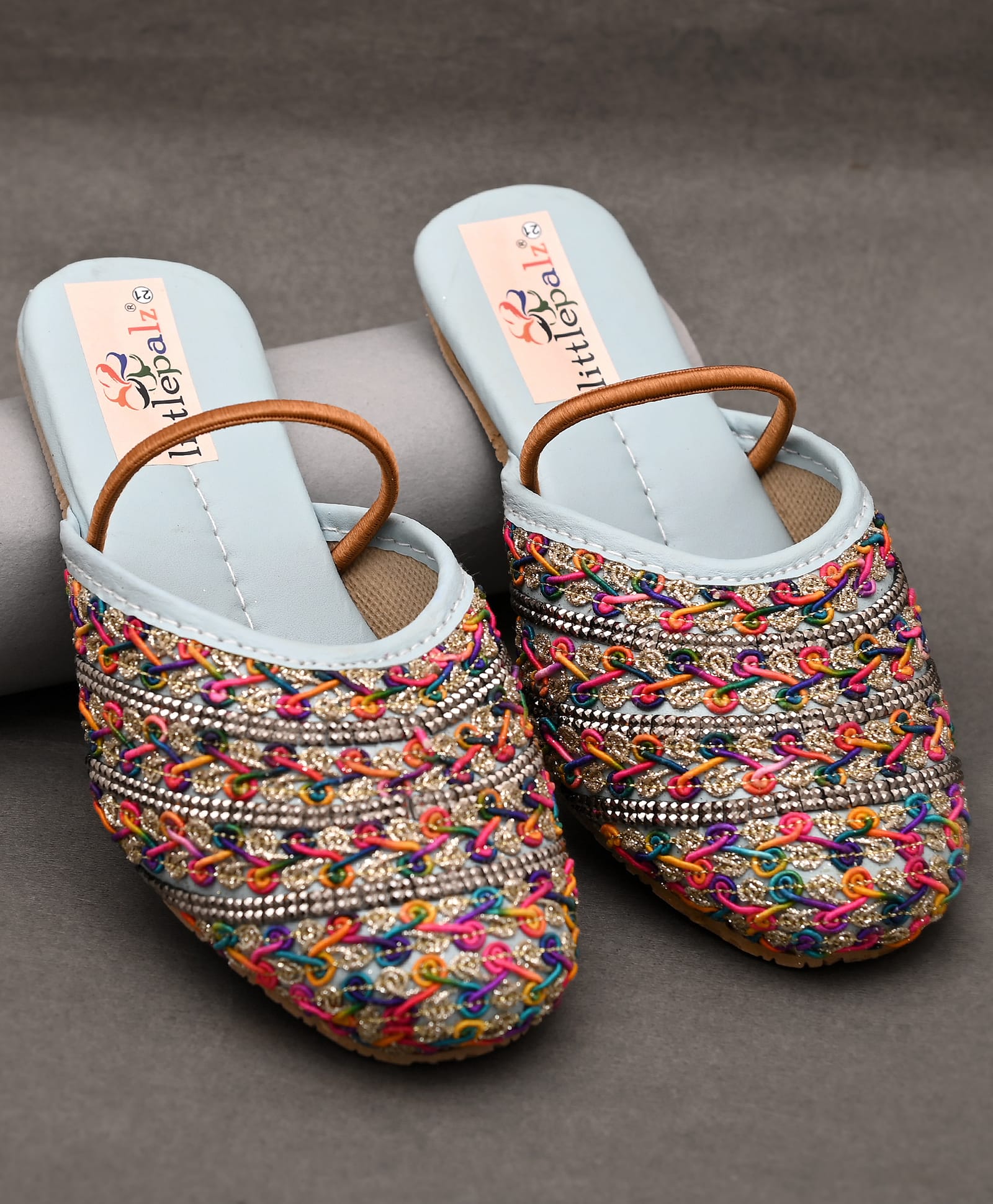 Little Palz Stone Embellished Shimmer Threadwork Detailed Sandals - Blue & Multi Colour-picture-23