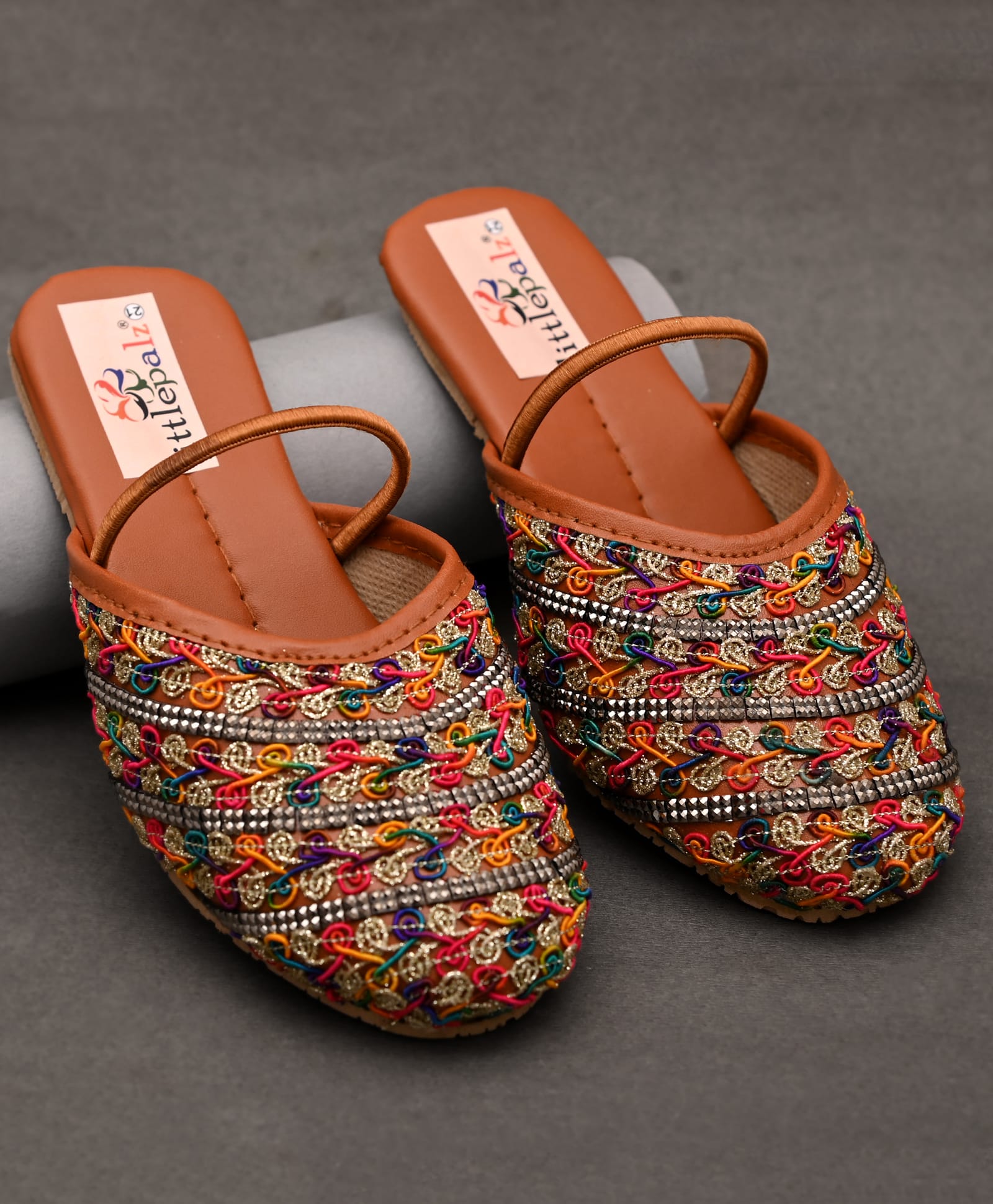Little Palz Stone Embellished Shimmer Threadwork Detailed Sandals - Brown & Multi Colour-picture-13
