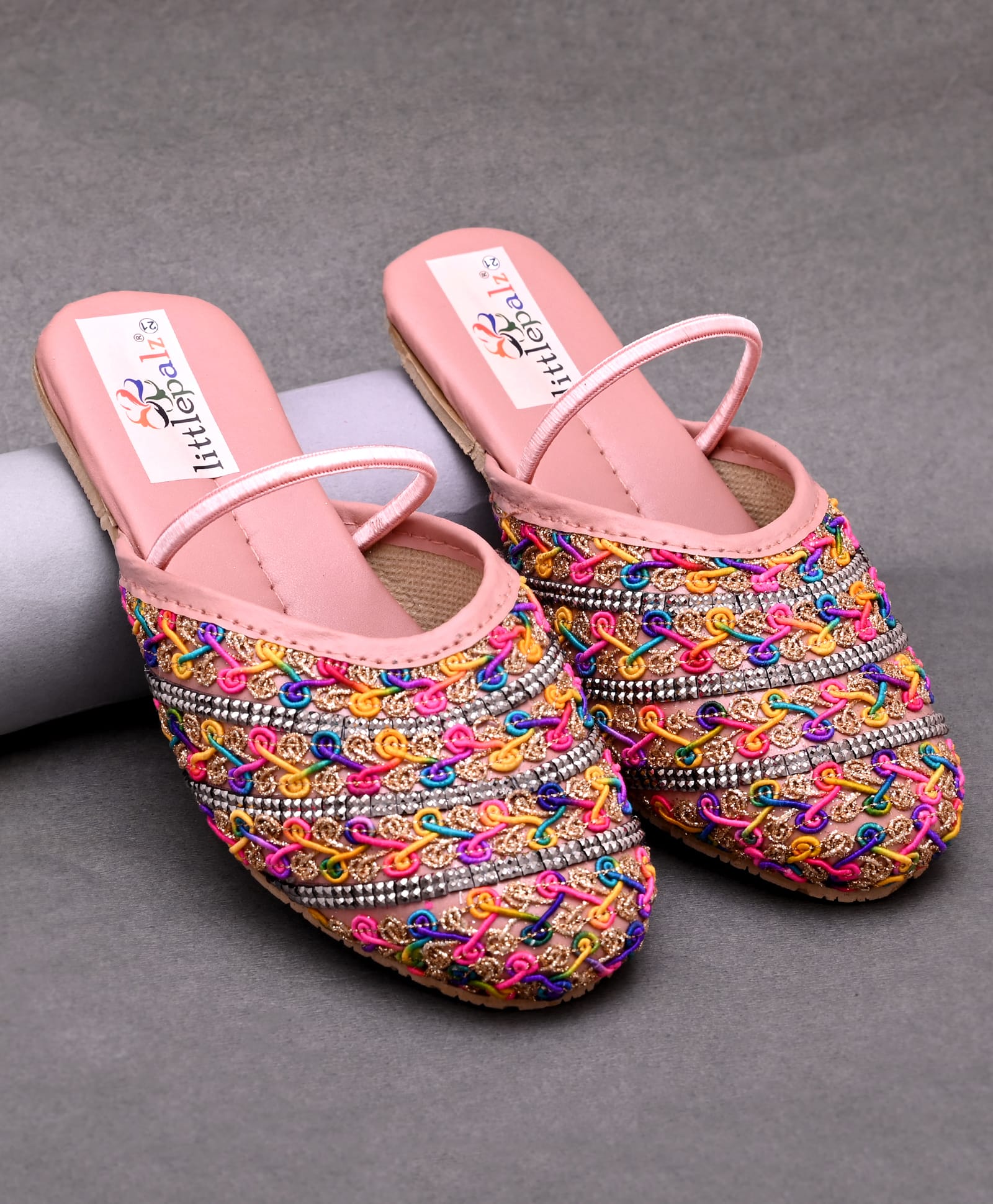 Little Palz Stone Embellished Shimmer Threadwork Detailed Sandals - Peach & Multi Colour-image-16