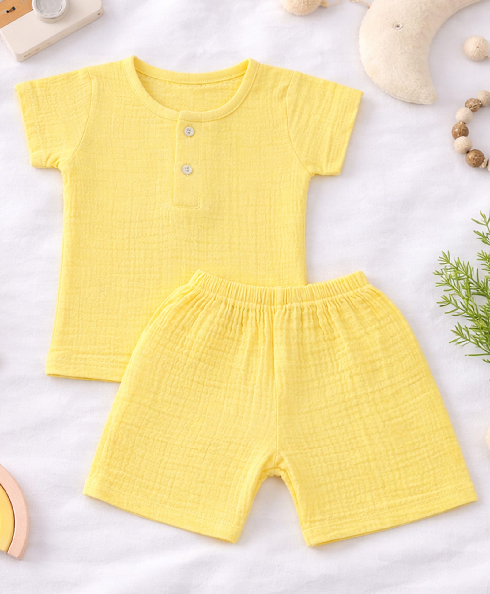 MumsLap Muslin Woven Half Sleeves Solid Shirt & Shorts Set - Yellow-picture-7