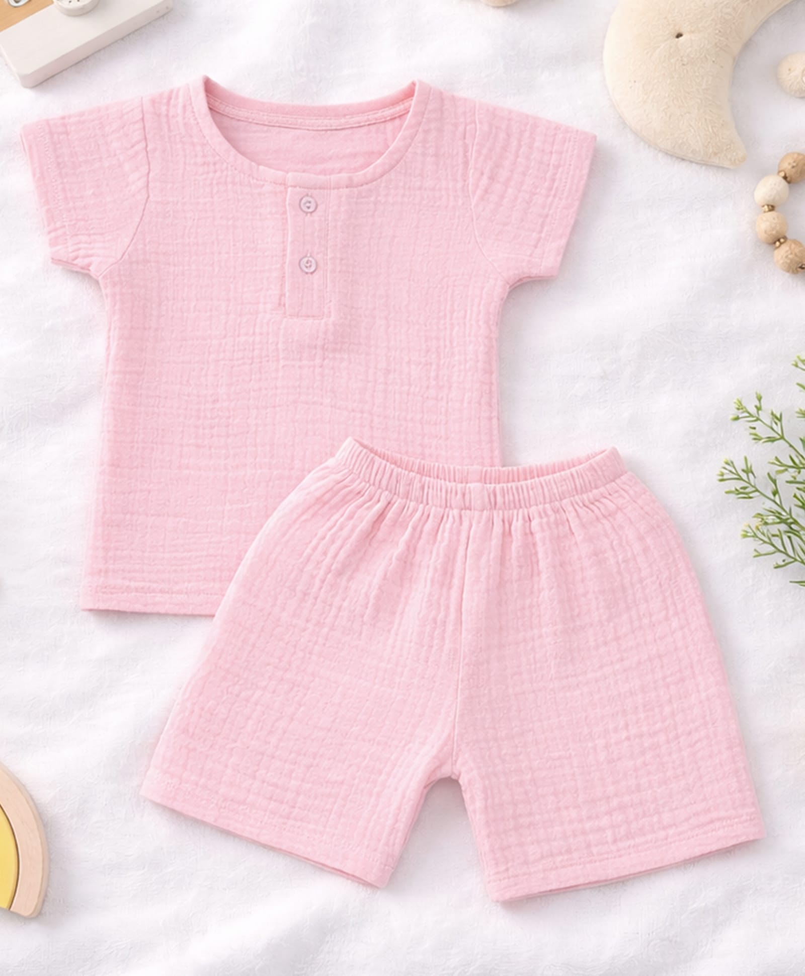 MumsLap Muslin Woven Half Sleeves Solid Shirt & Shorts Set - Bubblegum Pink-picture-29