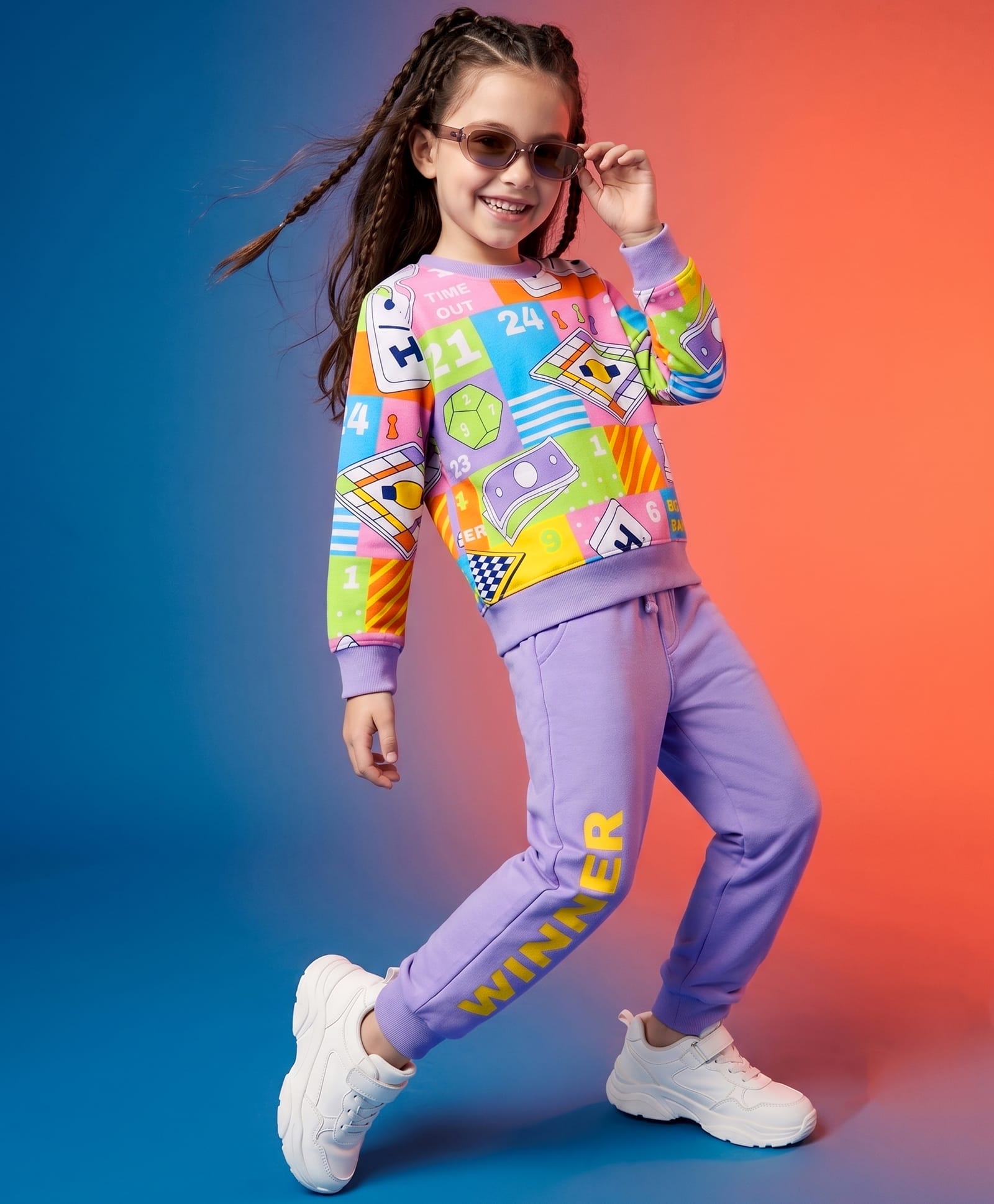 OLLINGTON ST. Set Of Cotton Knit Games Printed Winter Wear Sweatshirt & Pant Set - Multicolour & Lavender-image-14