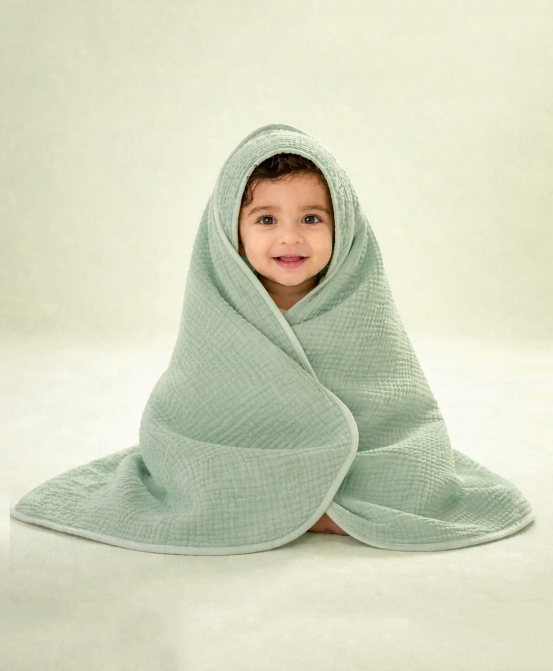 MumsLap 4 Layer Crinkled Muslin Hooded Baby Towel for Newborns and Kids Ultra Soft Absorbent Cotton Bath Towel Aqua Green L 80 x B 80 cm