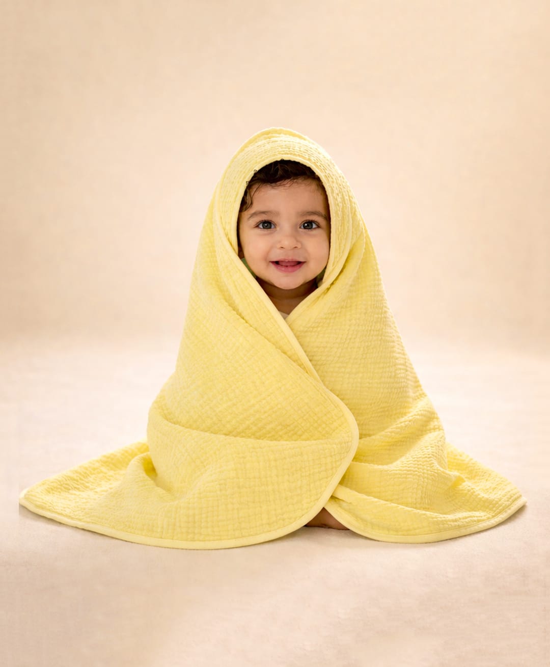 MumsLap 4 Layer Crinkled Muslin Hooded Baby Towel for Newborns and Kids Ultra Soft Absorbent Cotton Bath Towel Yellow L 80 x B 80 cm-picture-19