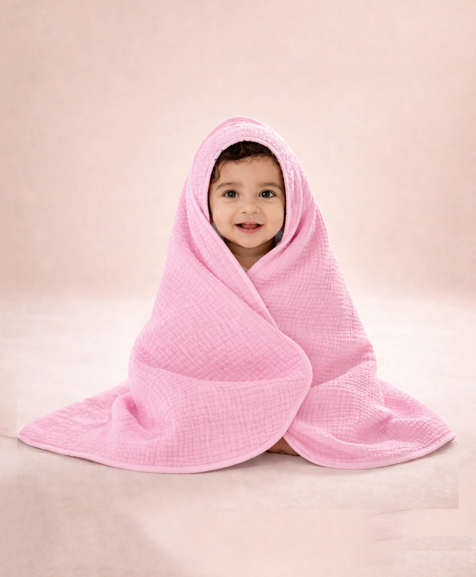 MumsLap 4 Layer Crinkled Muslin Hooded Baby Towel for Newborns and Kids Ultra Soft Absorbent Cotton Bath Towel Pink L 80 x B 80 cm-picture-23