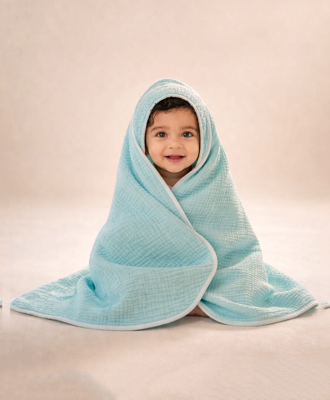 MumsLap 4 Layer Crinkled Muslin Hooded Baby Towel for Newborns and Kids Ultra Soft Absorbent Cotton Bath Towel Ice Blue L 80 x B 80 cm-picture-45