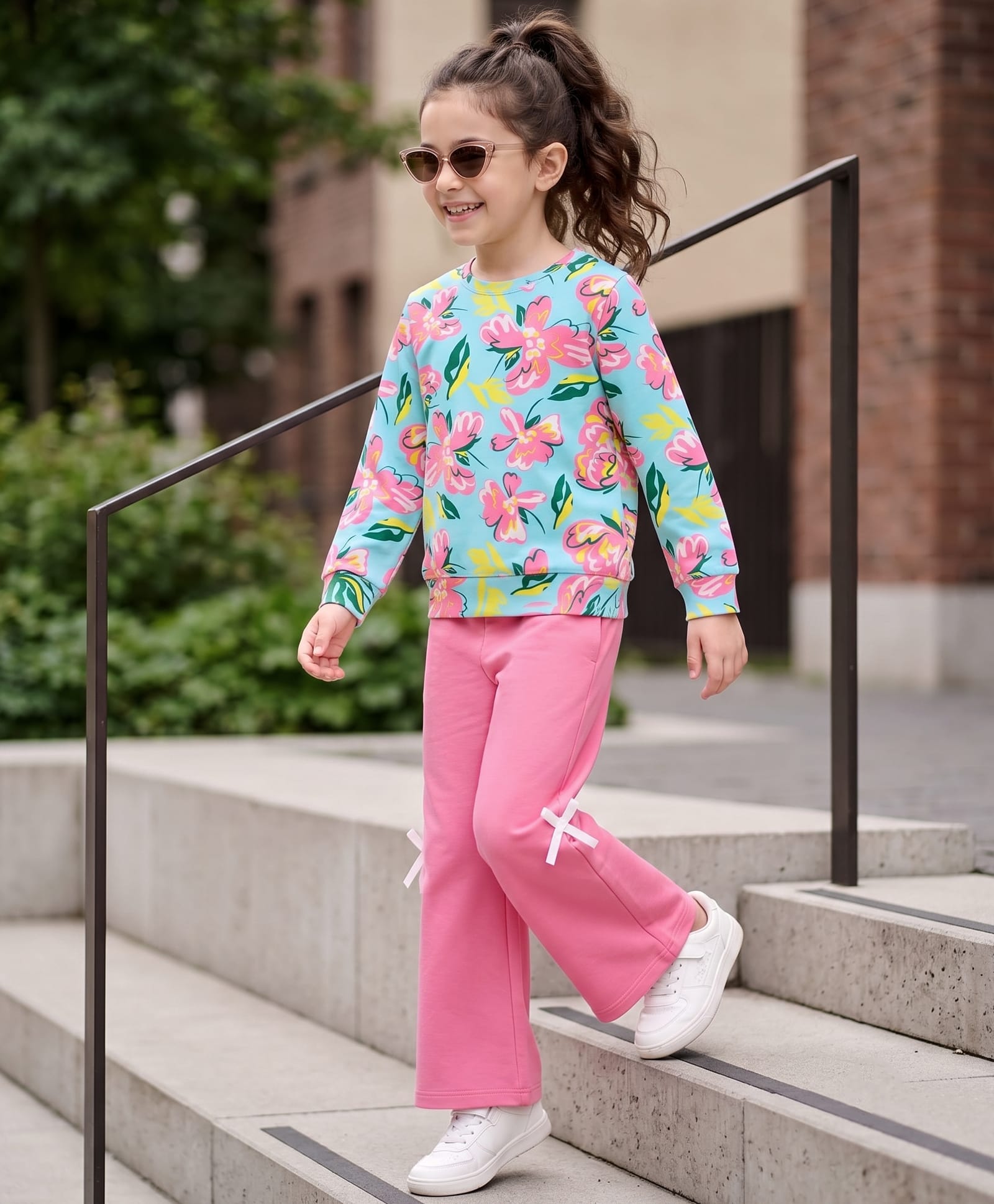 OLLINGTON ST. Looper Knit Full Sleeve Winter Wear Sweatshirt & Joggers Set with Floral Print - Sea Green & Pink-picture-13