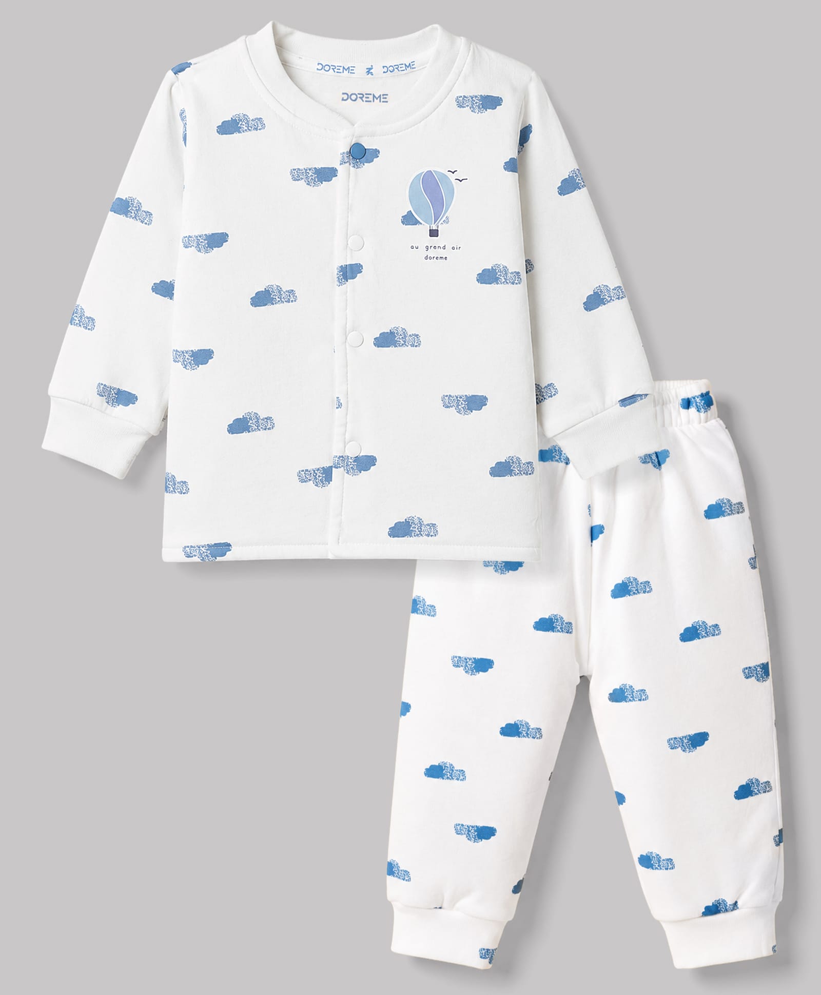 Doreme Fleece Knitted Full Sleeves Winter Wear Set Set With Clouds Print - White-picture-29