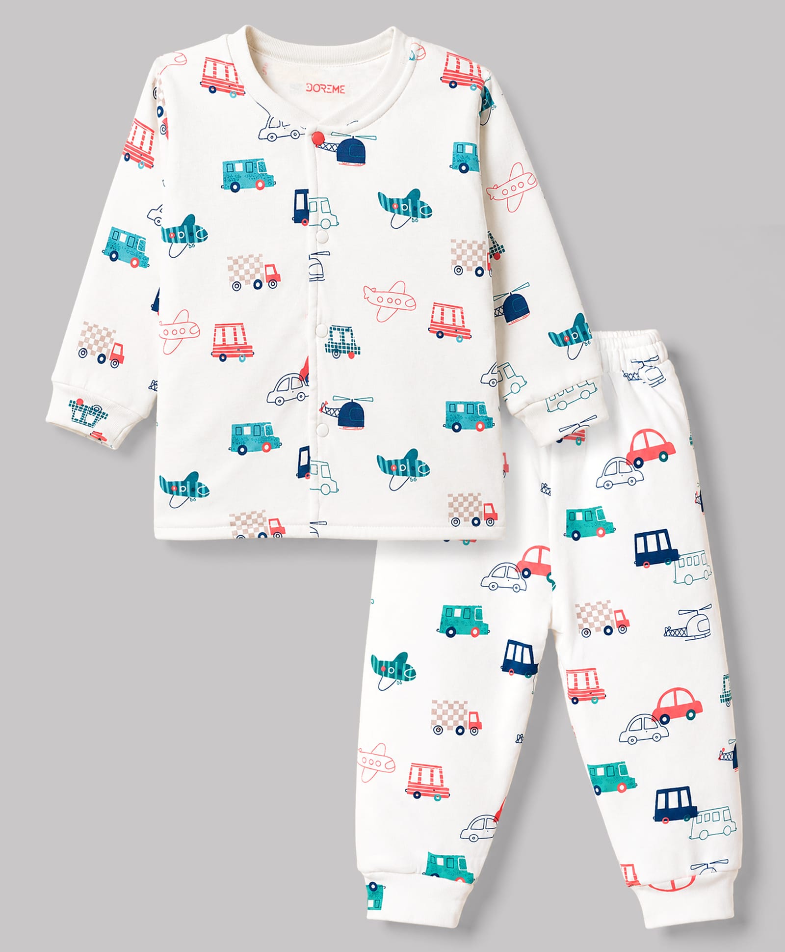 Doreme Fleece Knitted Full Sleeves Winter Wear Set With Vehicles Print - White-picture-32