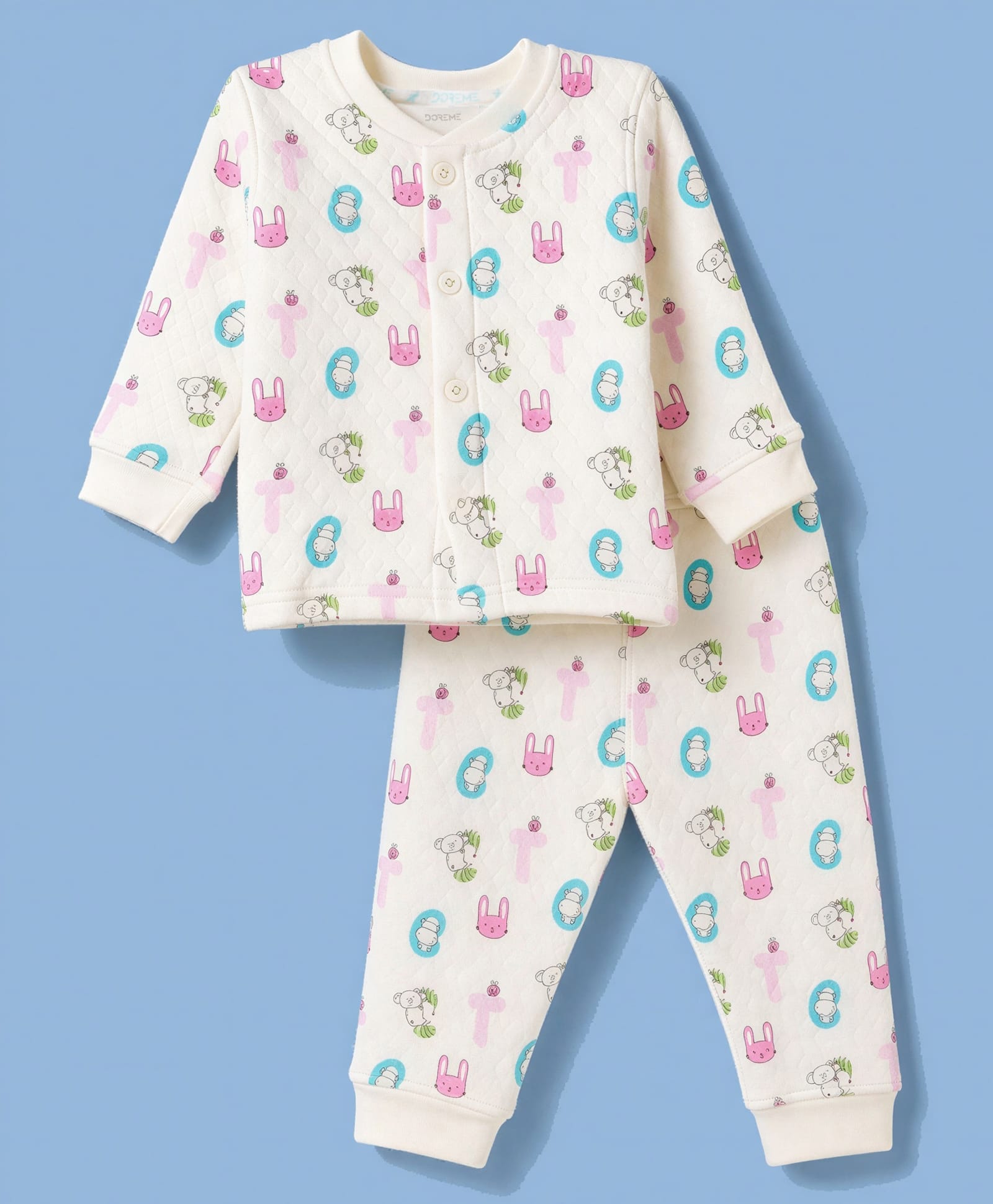 Doreme Terry Knit Full Sleeves Winter Wear Suits With Bunny Print - Off White-picture-17