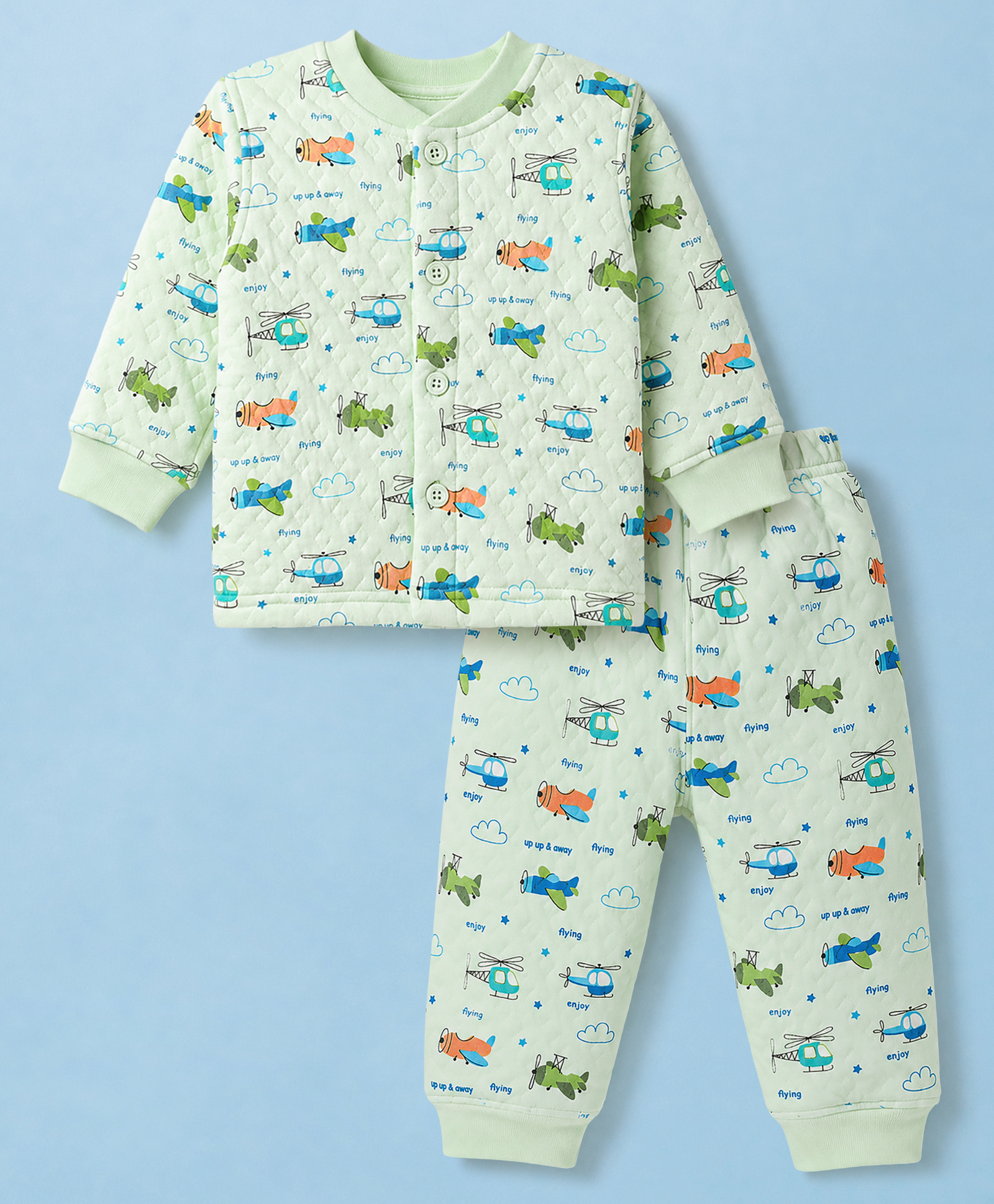 Doreme Fleece Knit Full Sleeves Winter Wear Co-ord Set With Helicopter Print - Mint-image-20