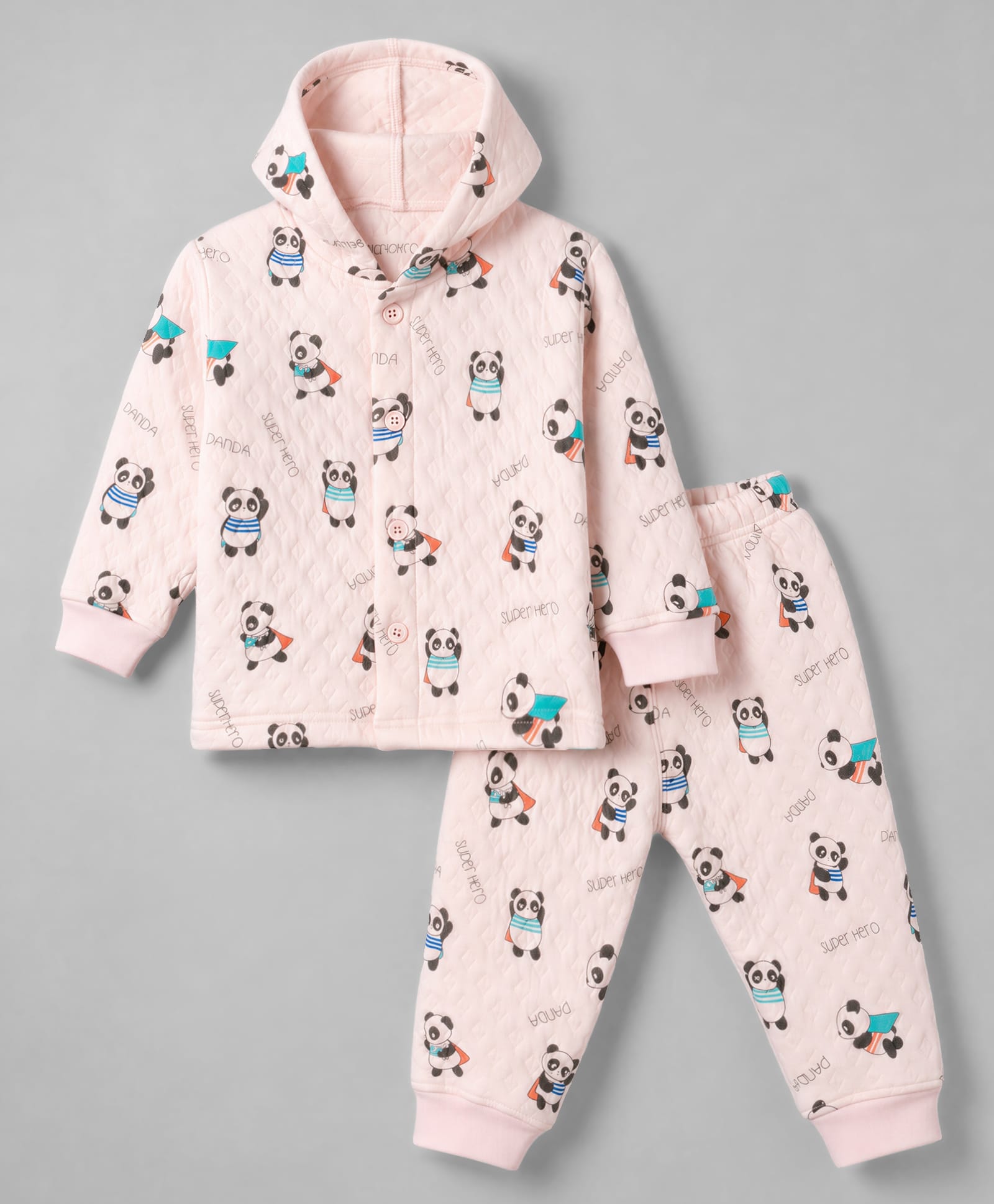 Doreme Fleece Knit Full Sleeves Hooded Panda Printed Co-Ords Winter Wear Suit - Light Peach-image-25