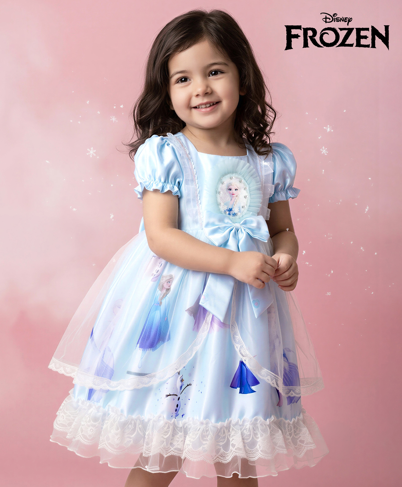 Babyhug Disney 100% Cotton Woven Half Balloon Sleeves Party Dress With Disney Frozen Graphic - Light Blue-image-48
