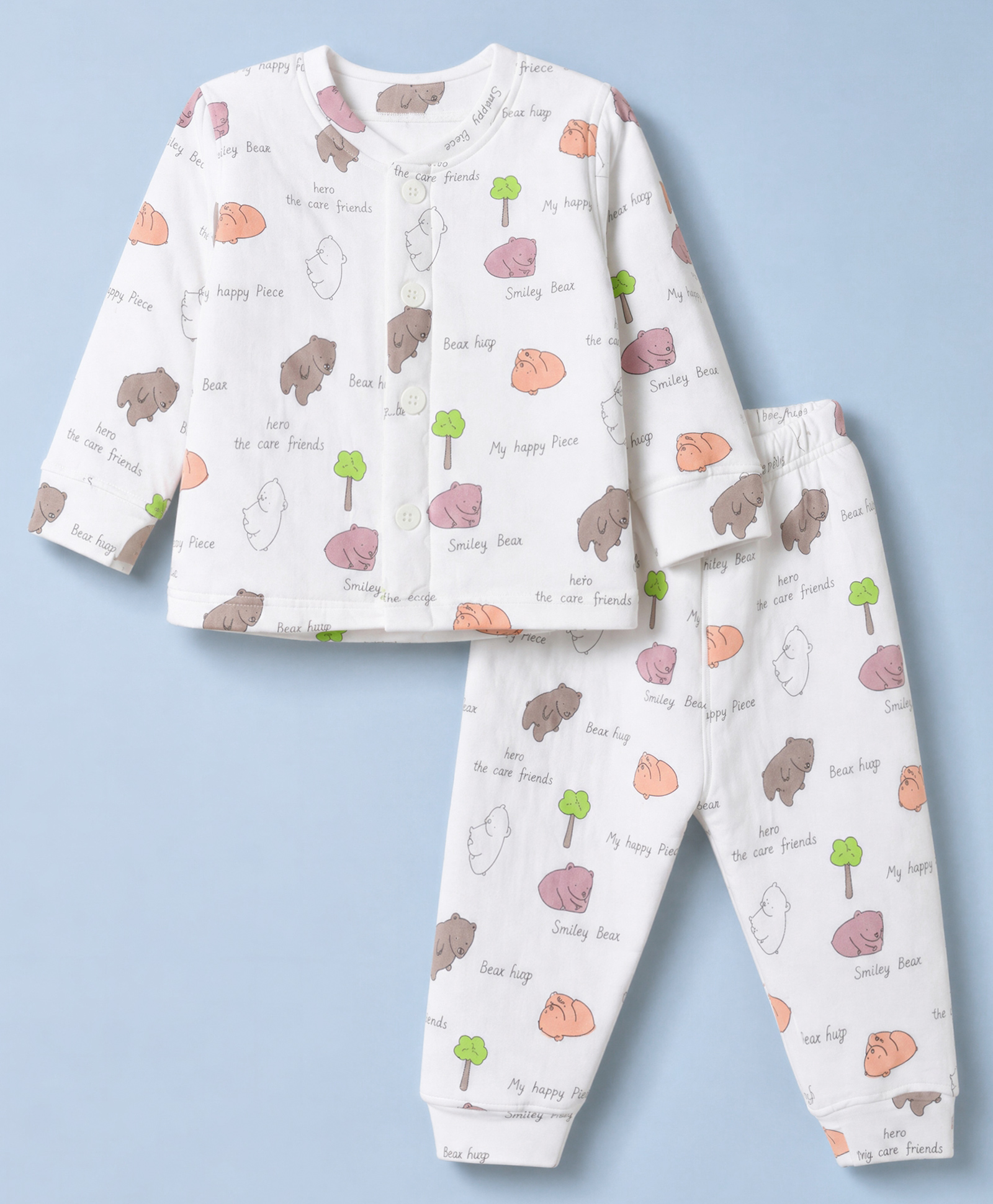 Doreme Fleece Knit Full Sleeves Co-Ords Winter Wear T-Shirt & Joggers Set with Bear Print - White-image-41
