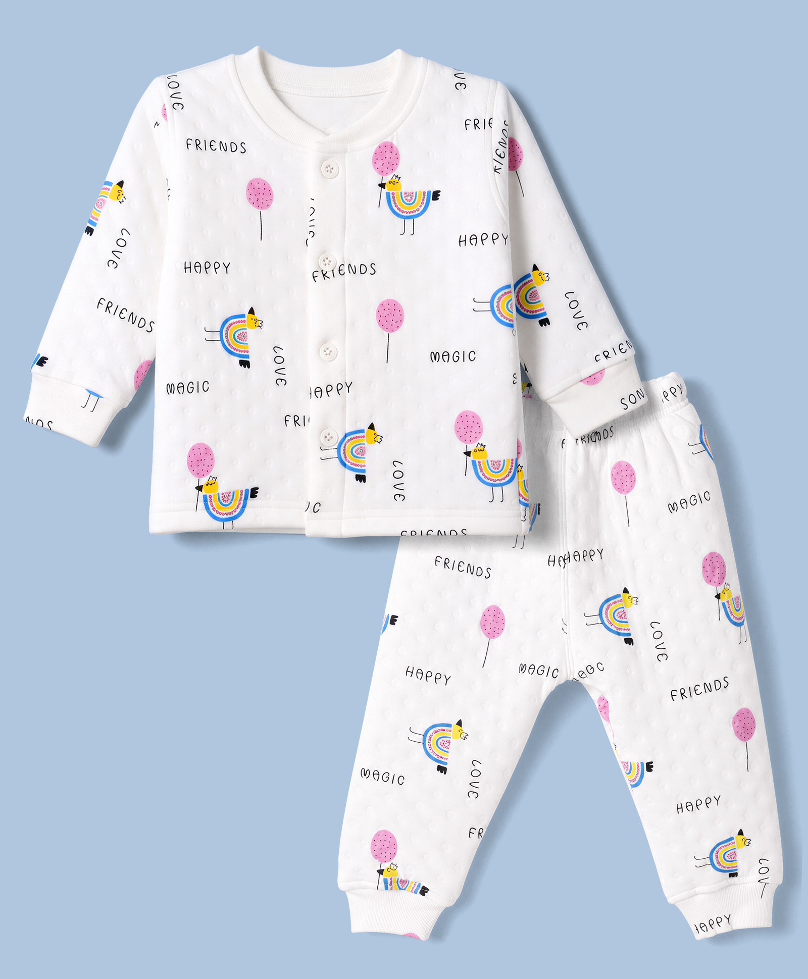 Doreme Fleece Knit Full Sleeves Co-Ords Winter Wear T-Shirt & Joggers Set with Birds Print - White-image-21