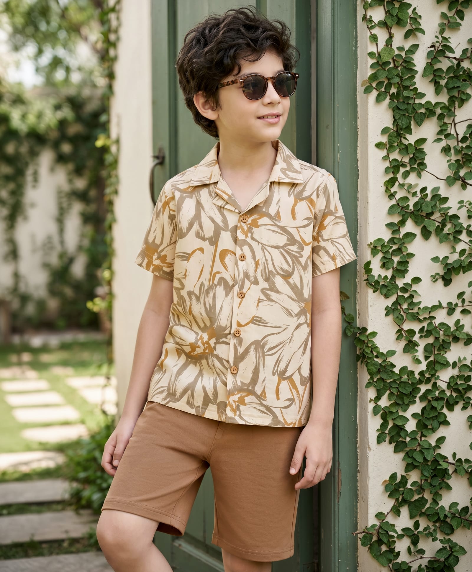Ollington St. Sinker Knit Half Sleeves Shirt & Shorts Set with Floral Print - Tan-image-29
